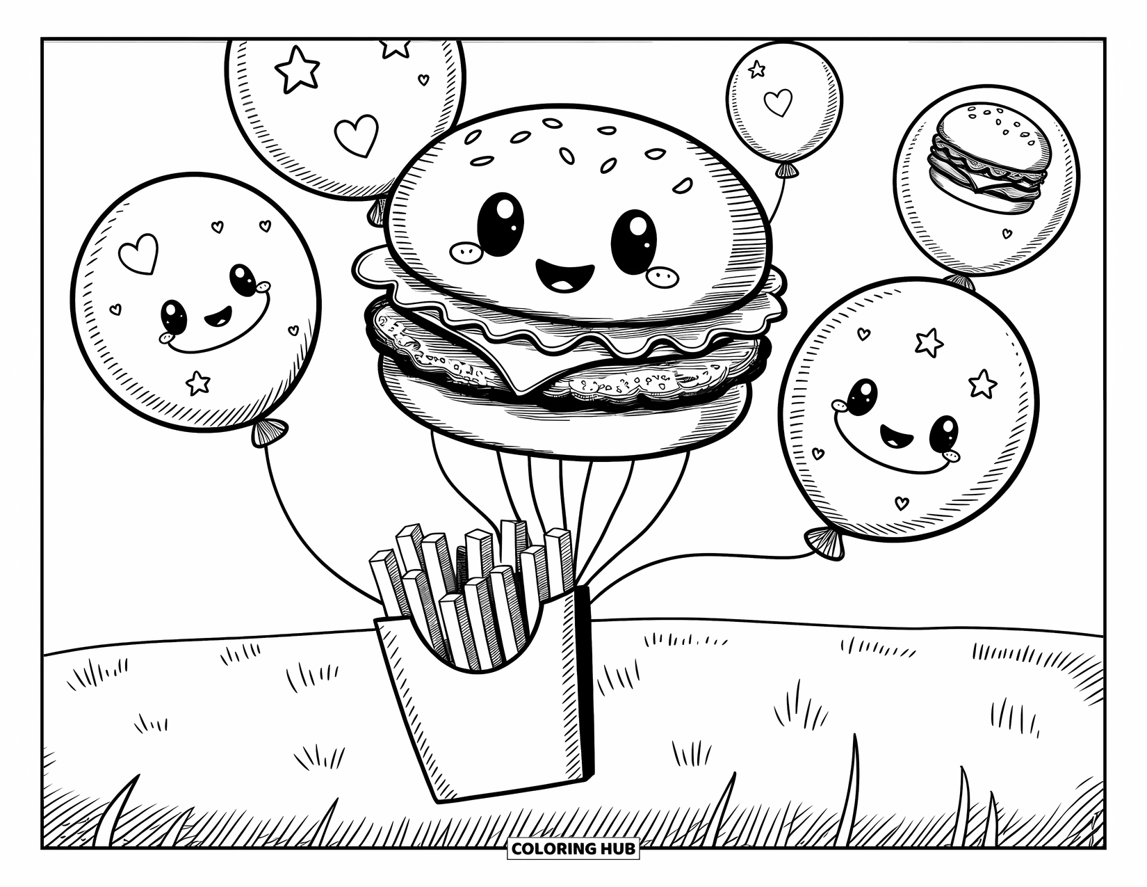 Desen de colorat cu cheeseburger pentru adulți: Un cheeseburger care plutește cu baloane deasupra unui câmp cu iarbă, cu cartofi prăjiți fluturând spre el