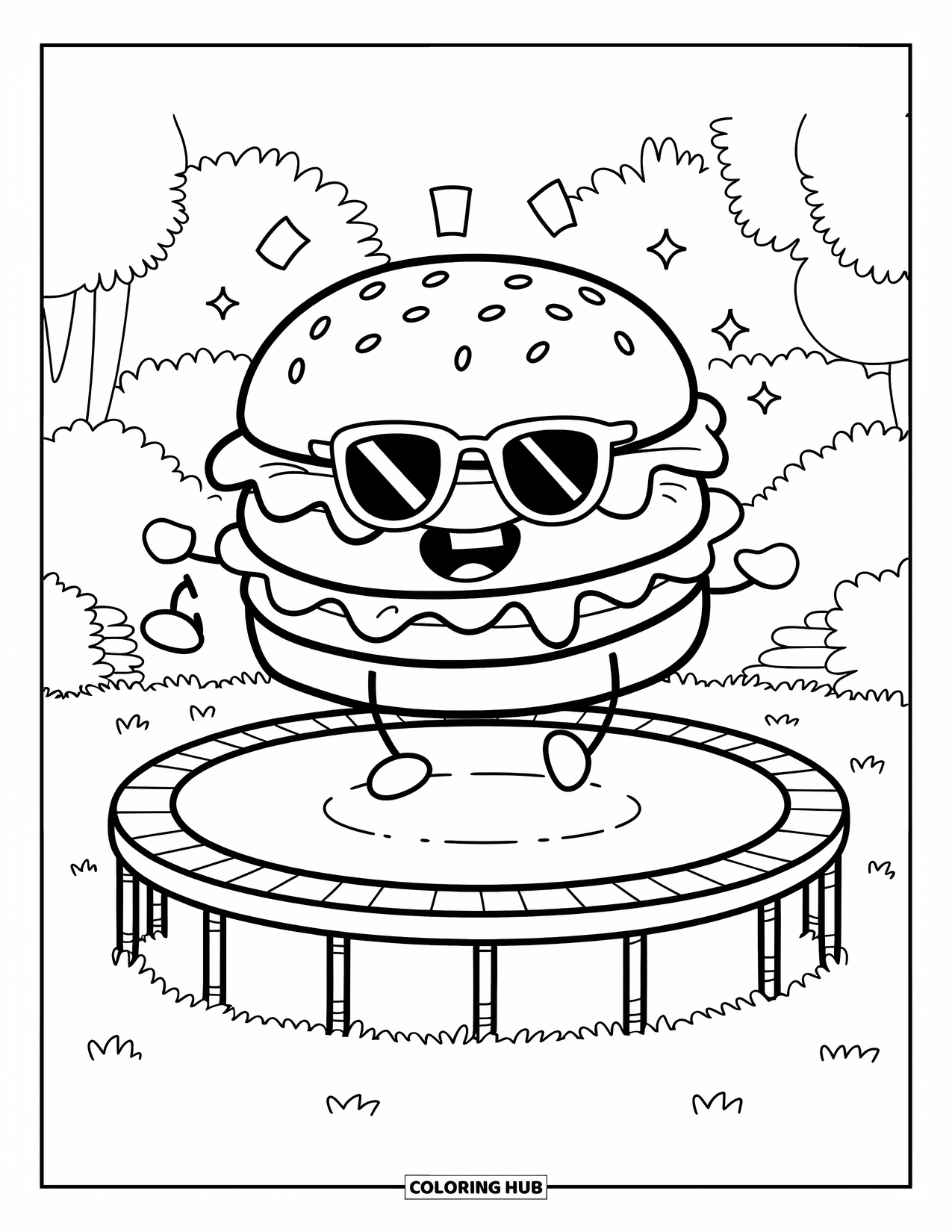 Desen de colorat cu cheeseburger pentru adulți: Un cheeseburger cu ochelari de soare care sare pe o trambulină cu un fundal exterior jucăuș