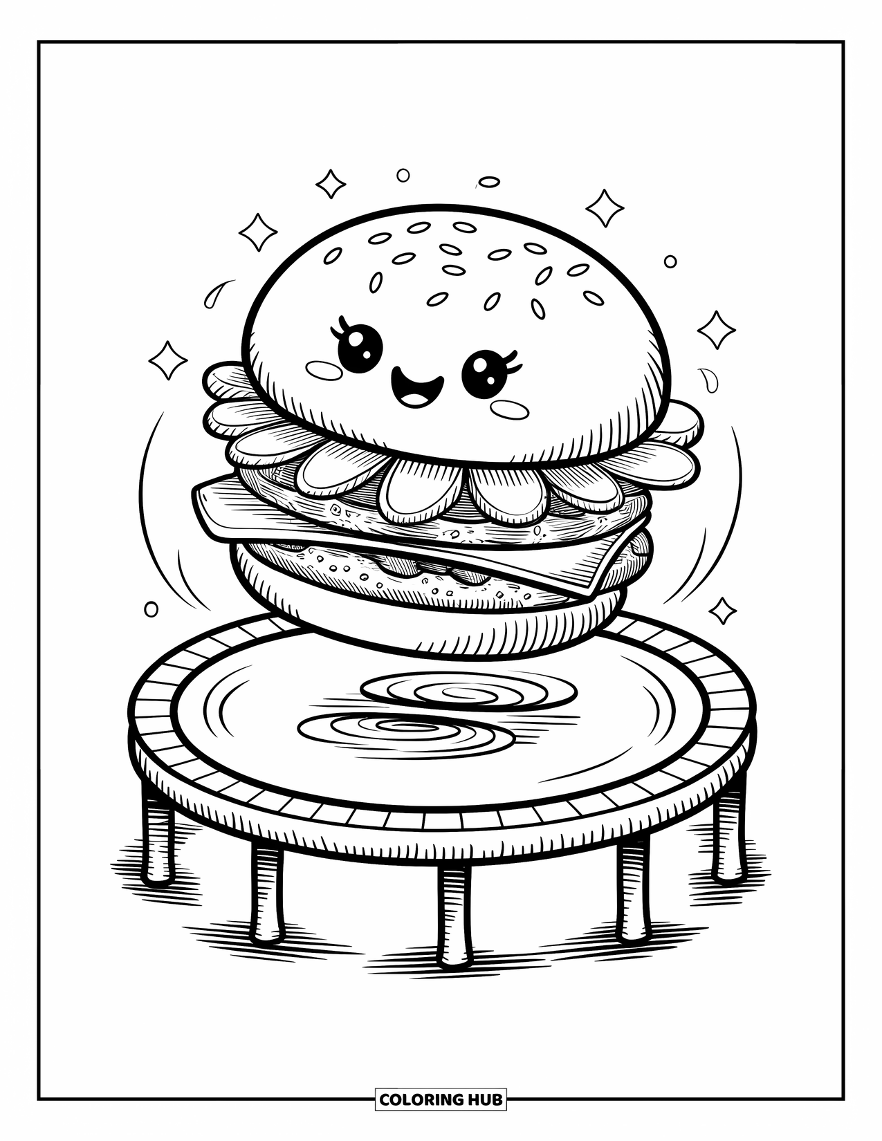 Desen de colorat cu cheeseburger pentru adulți: Un cheeseburger care sare cu bucurie pe o trambulină cu toppinguri care se deplasează în aer