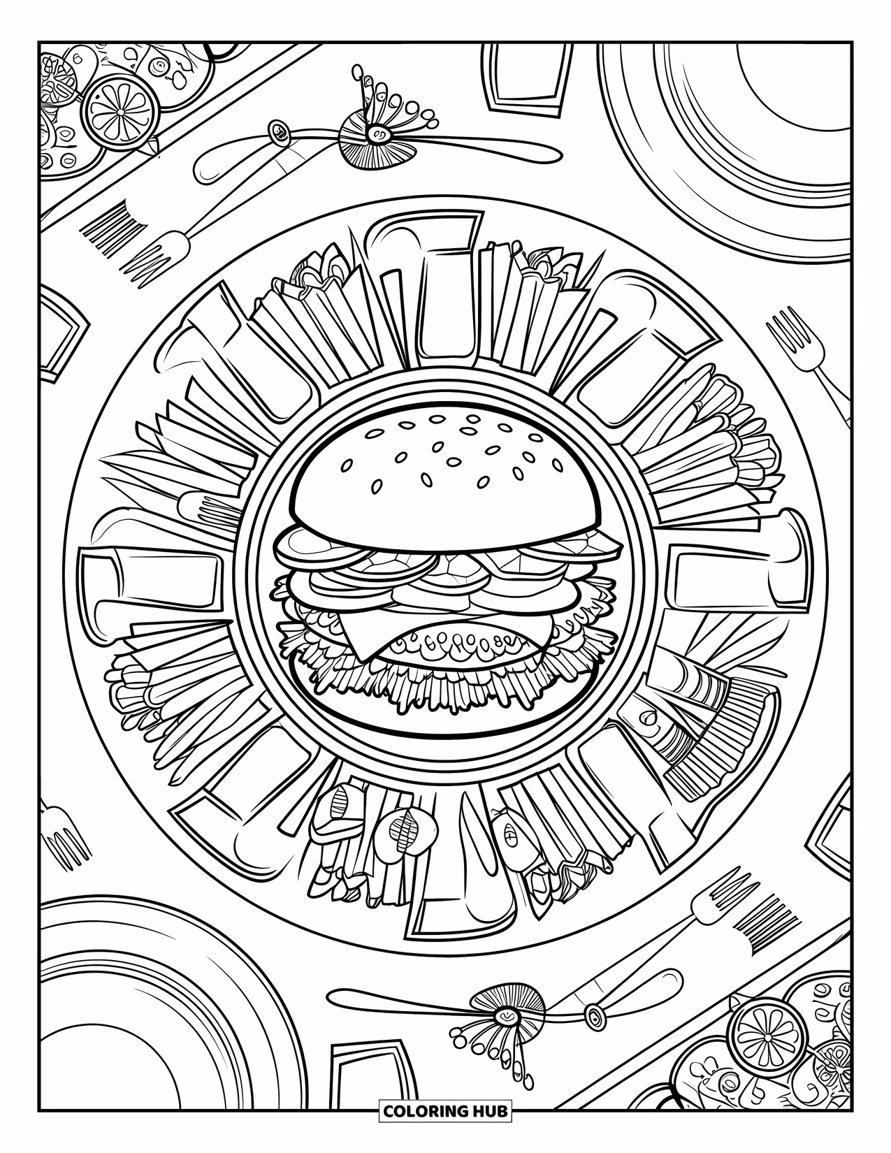 Desen de colorat cu cheeseburger pentru adulți: O mandala cu cheeseburger, cu un cerc de cartofi prăjiți, băuturi și elemente decorative elegante