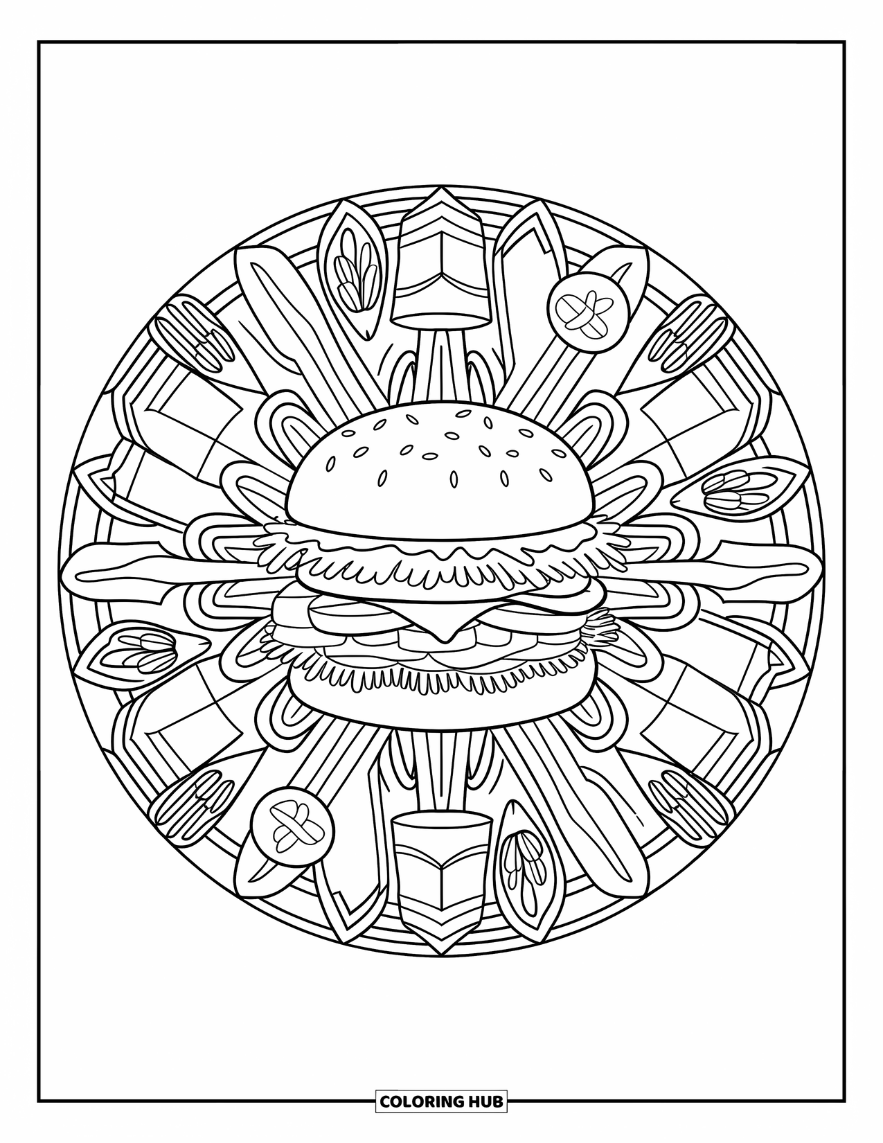 Desen de colorat cu cheeseburger pentru adulți: O mandala cu cheeseburger, cu cartofi prăjiți și băuturi care formează un model circular artistic