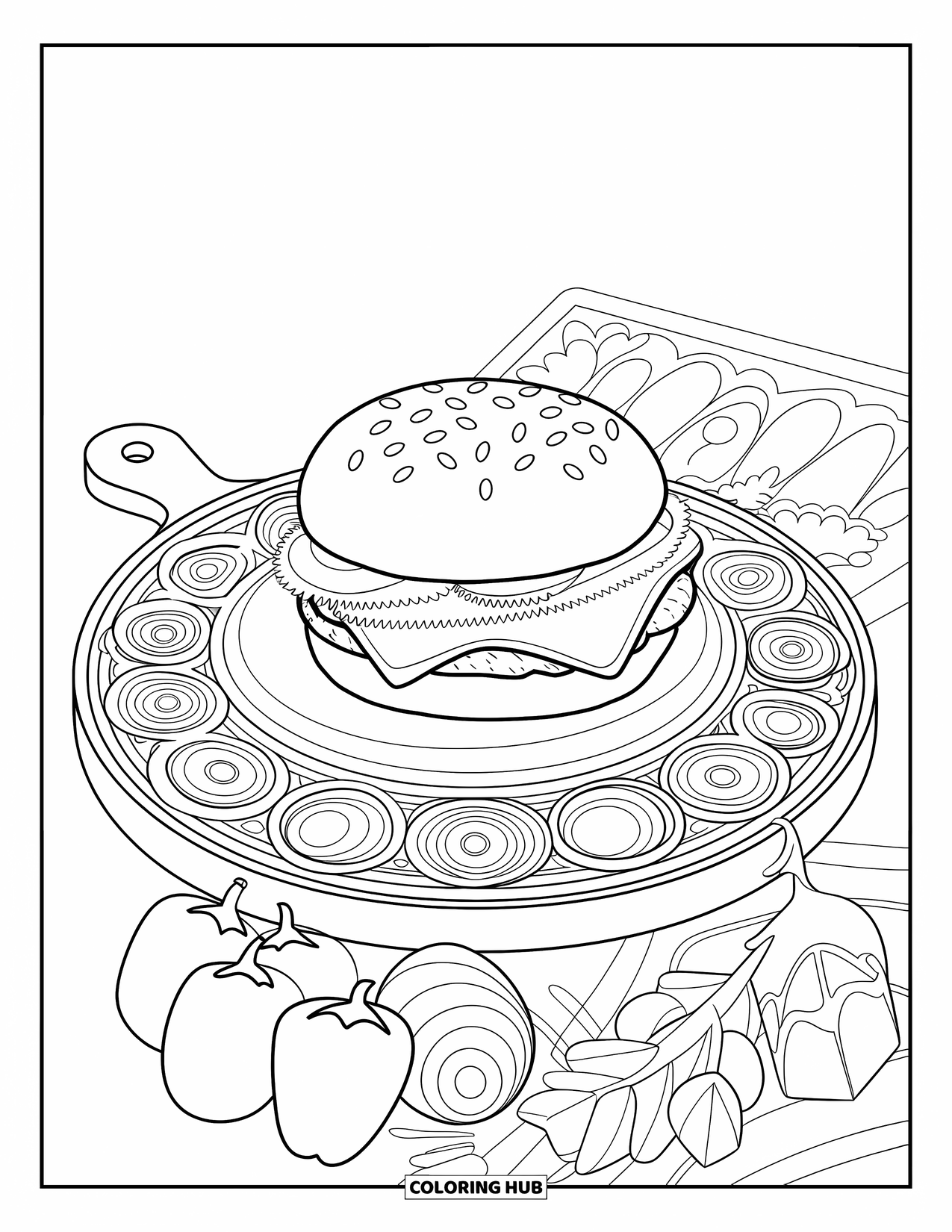 Desen de colorat cu cheeseburger pentru adulți: Un cheeseburger pe un tocător cu modele complicate de legume pentru o experiență de colorat relaxantă