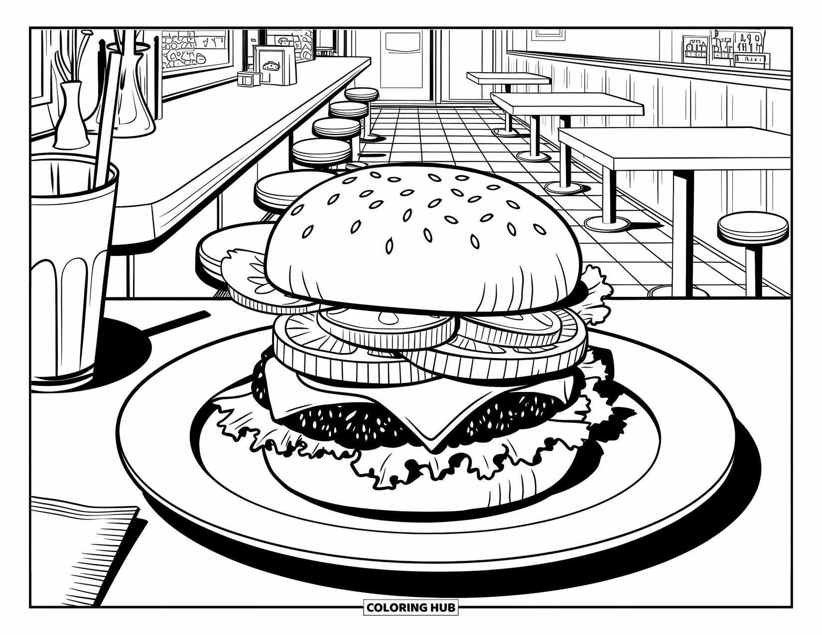 Desen de colorat cu cheeseburger pentru adulți: Un cheeseburger pe o farfurie decorativă într-un restaurant retro, cu un tejghea, scaune și plante