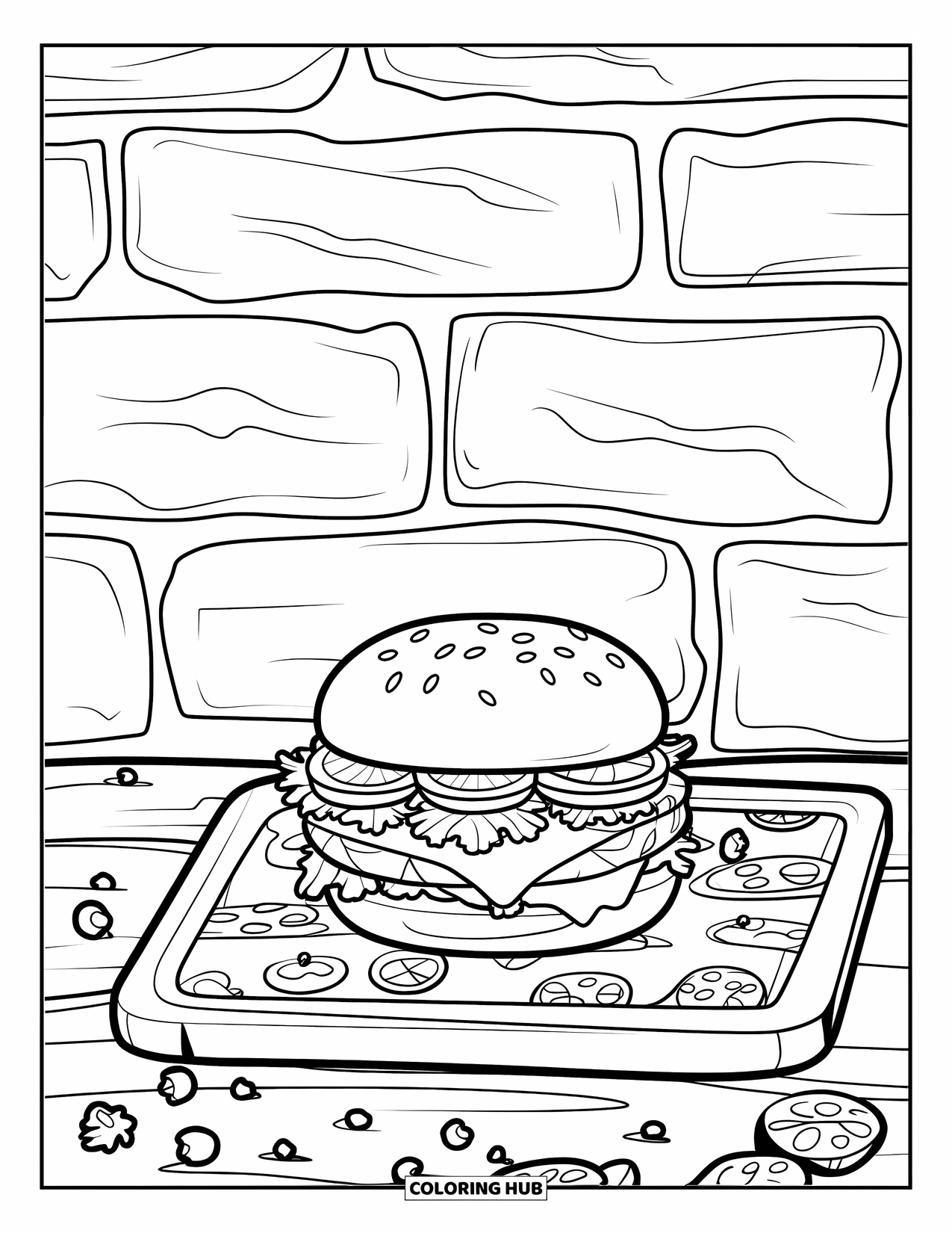Desen de colorat cu cheeseburger pentru adulți: Un cheeseburger pe o scândură rustică de lemn, cu un fundal de legume proaspete și texturi de cărămidă