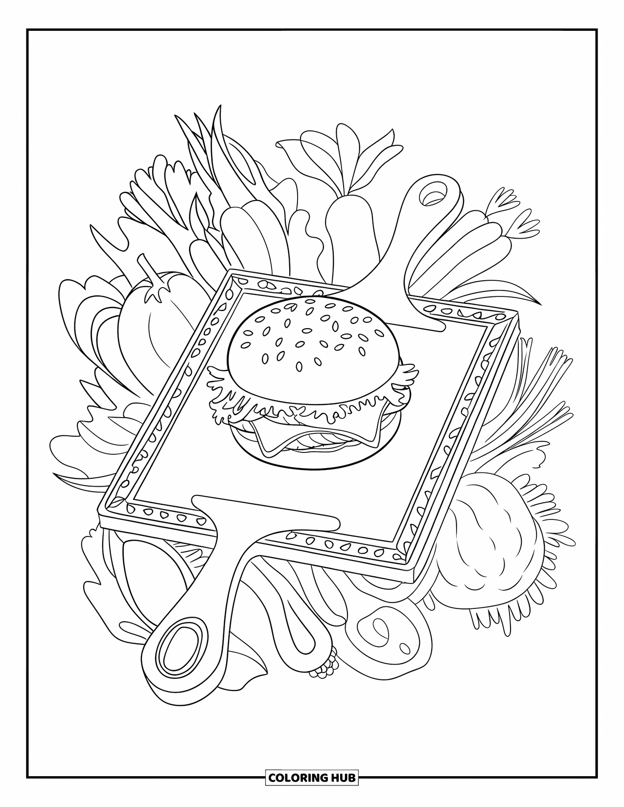 Desen de colorat cu cheeseburger pentru adulți: Un cheeseburger pe un tocător de lemn cu modele decorative de legume în jurul său