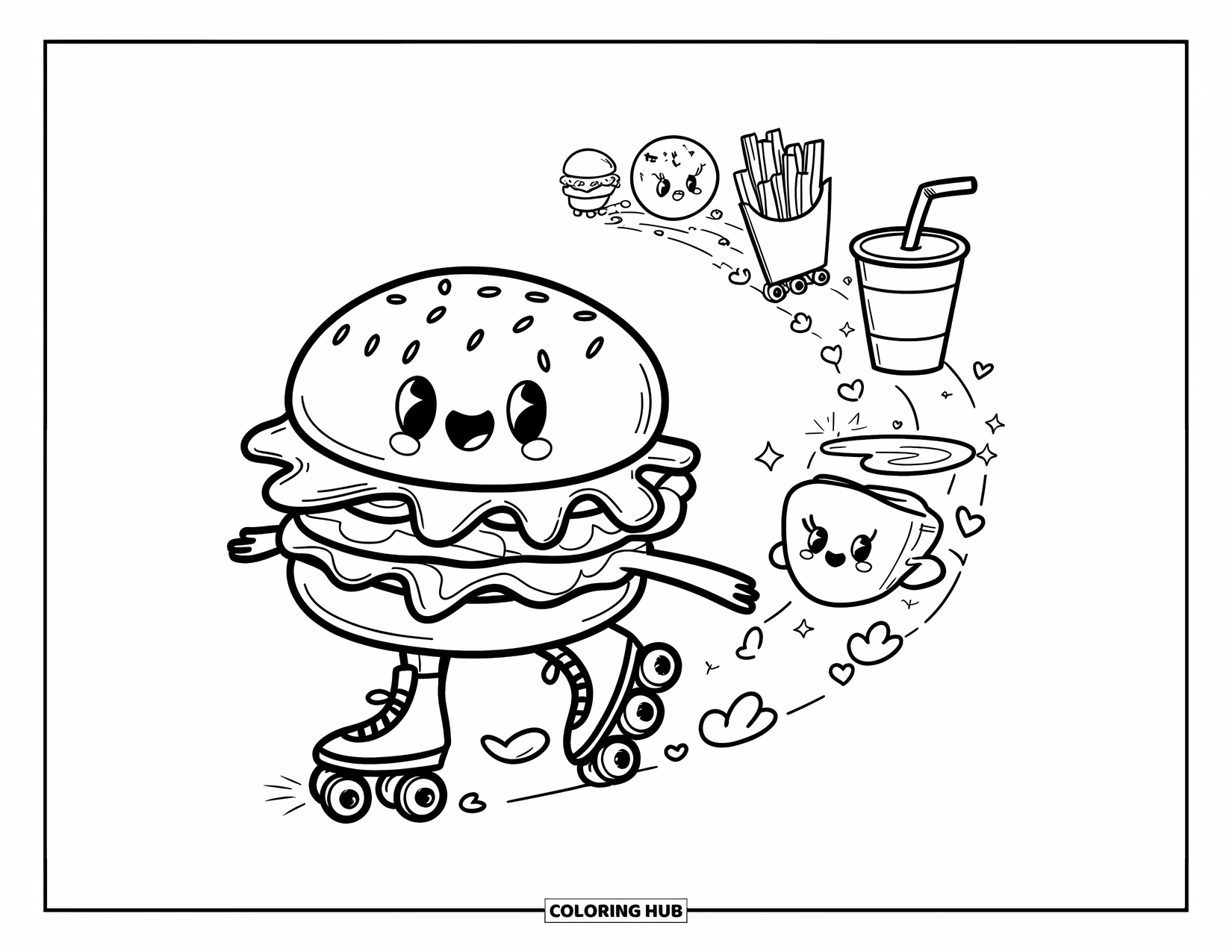 Desen de colorat cu cheeseburger pentru adulți: Un cheeseburger pe role care gonește pe o potecă cu mini cartofi prăjiți și o băutură răcoritoare