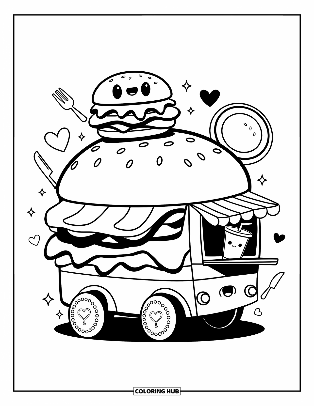 Desen de colorat cu cheeseburger pentru adulți: Un food truck în formă de cheeseburger cu o mascotă burger prietenoasă și roți mici decorate cu inimi