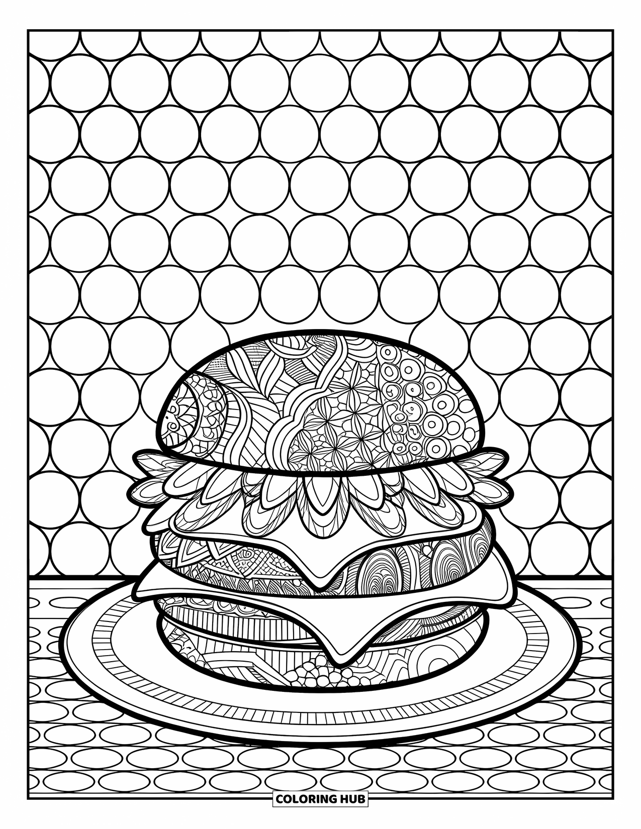 Desen de colorat cu cheeseburger pentru adulți: Un cheeseburger cu modele zentangle detaliate, așezat pe o farfurie cu un fundal decorativ