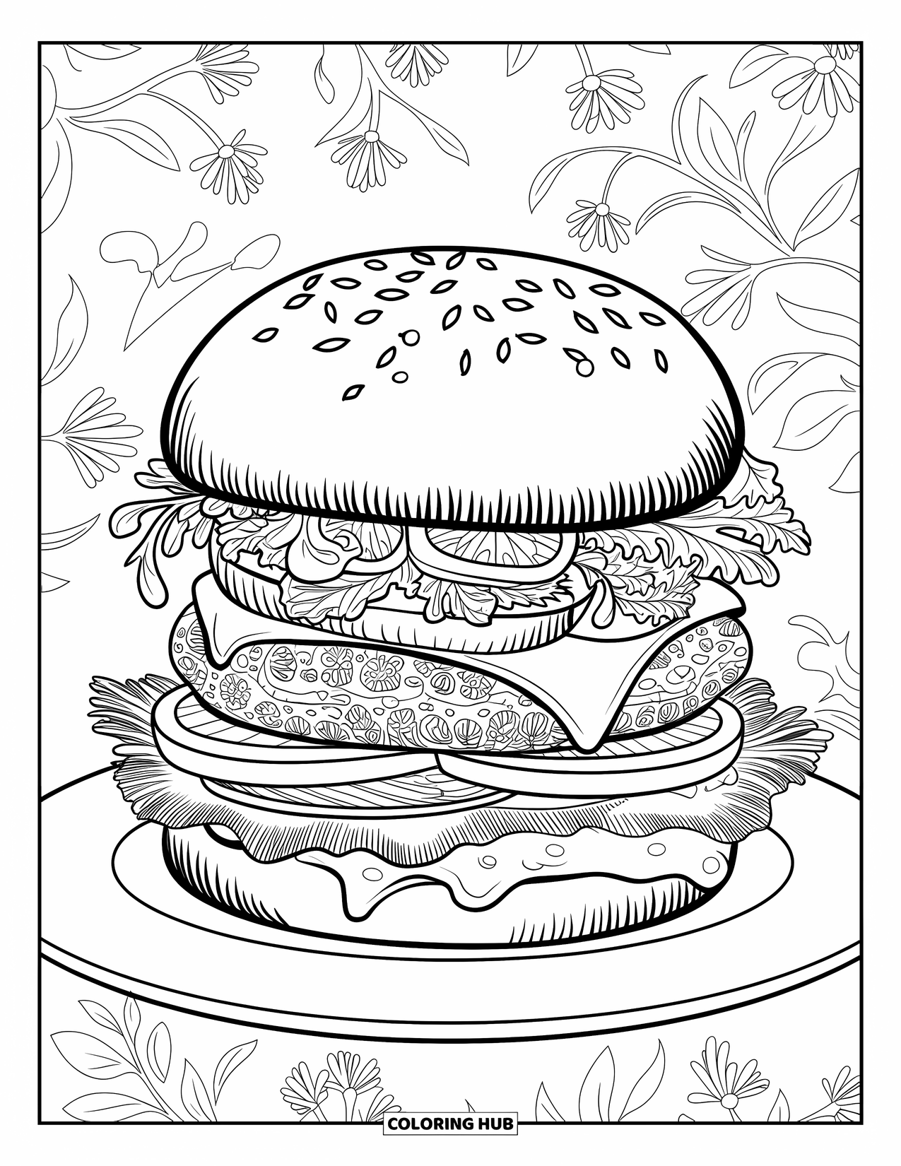 Desen de colorat cu cheeseburger pentru adulți: Un cheeseburger cu modele florale elegante, cu texturi bogate și o bordură creativă