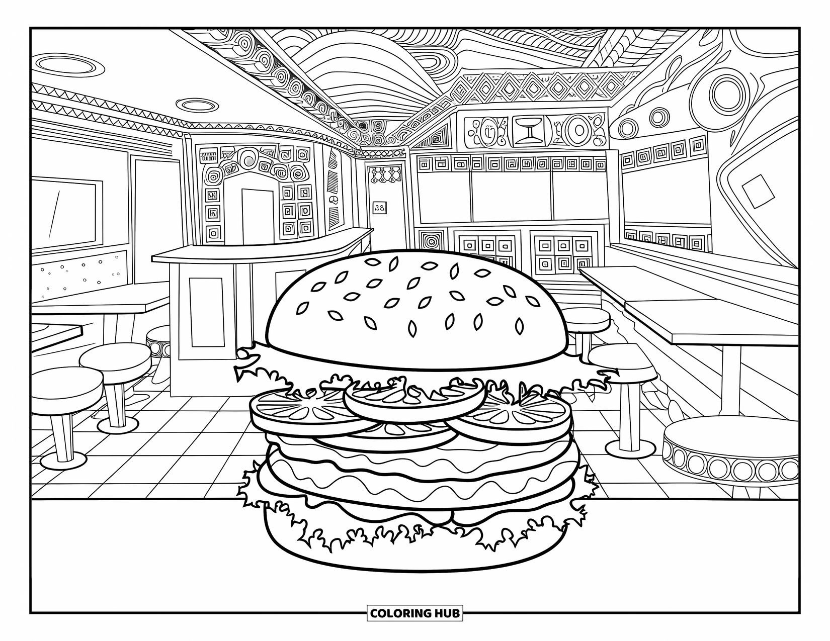 Desen de colorat cu cheeseburger pentru adulți: Un cheeseburger cu salată verde și roșii pe o farfurie, într-o scenă detaliată dintr-un restaurant din anii 1950