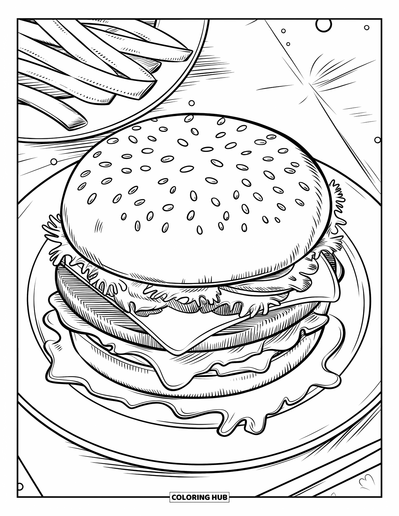 Desen de colorat cu cheeseburger pentru adulți: Un cheeseburger cu texturi bogate, urme de grătar și brânză topită, așezat pe o farfurie cu cartofi prăjiți