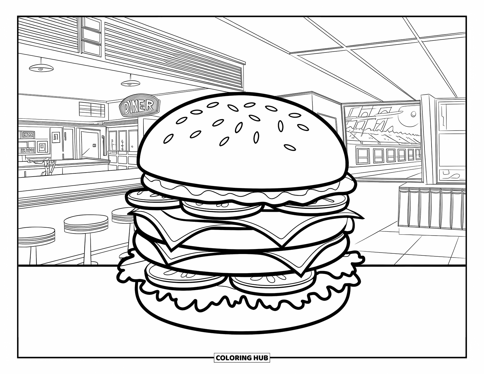 Desen de colorat cu cheeseburger pentru adulți: Un cheeseburger cu două felii de carne într-un restaurant animat, cu un neon și o vedere aglomerată spre stradă