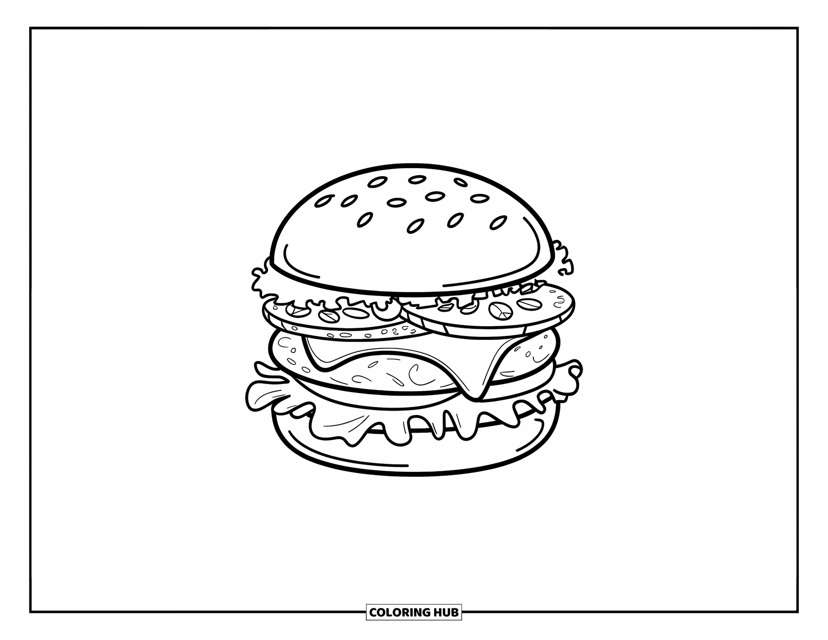 Desen de colorat cu cheeseburger pentru adulți: O secțiune transversală a unui cheeseburger care prezintă straturi de brânză, salată verde, roșii și sos