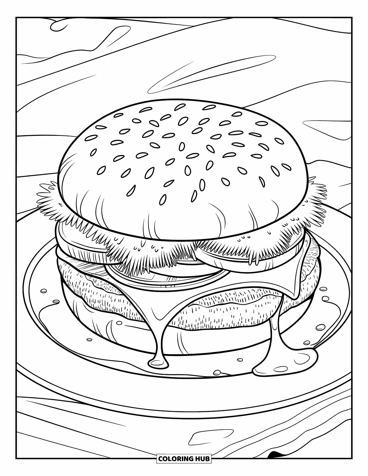 Desen de colorat cu cheeseburger pentru adulți: Un cheeseburger detaliat, cu urme de grătar și brânză care se scurge, așezat pe o farfurie cu cartofi prăjiți