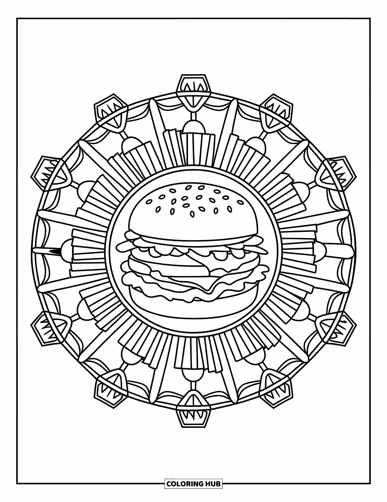 Desen de colorat cu cheeseburger pentru adulți: O mandala cu tematică alimentară, cu un cheeseburger, cartofi prăjiți și băuturi închise într-o bordură decorativă