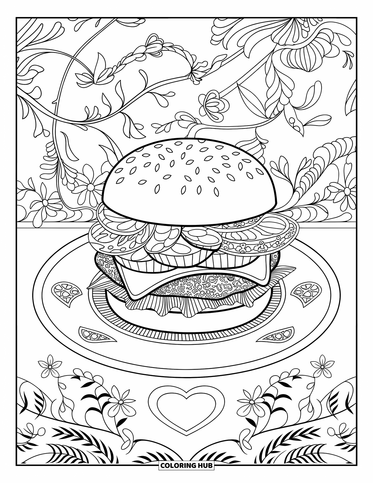 Desen de colorat cu cheeseburger pentru adulți: Un cheeseburger gourmet pe o farfurie cu o amprentă de inimă, înconjurat de detalii florale complicate