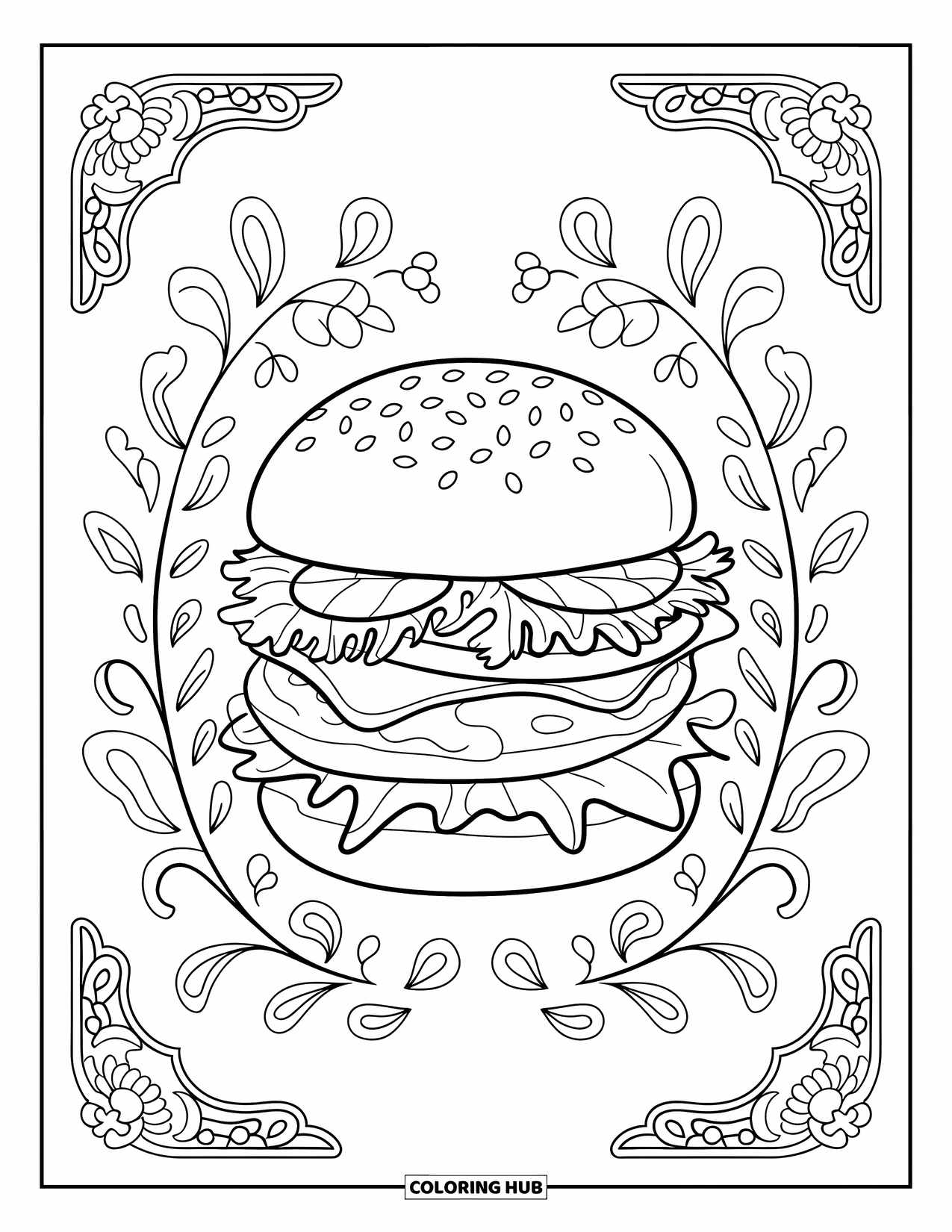 Desen de colorat cu cheeseburger pentru adulți: Un cheeseburger gourmet înconjurat de modele florale delicate într-o ilustrație artistică