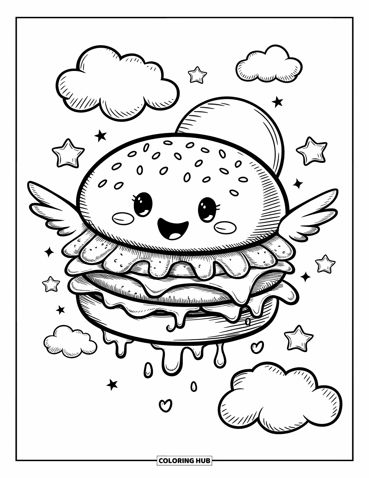 Desen de colorat cu cheeseburger pentru adulți: Un cheeseburger fericit plutitor cu aripi mici, semințe de susan în formă de inimă și picături jucăușe de brânză