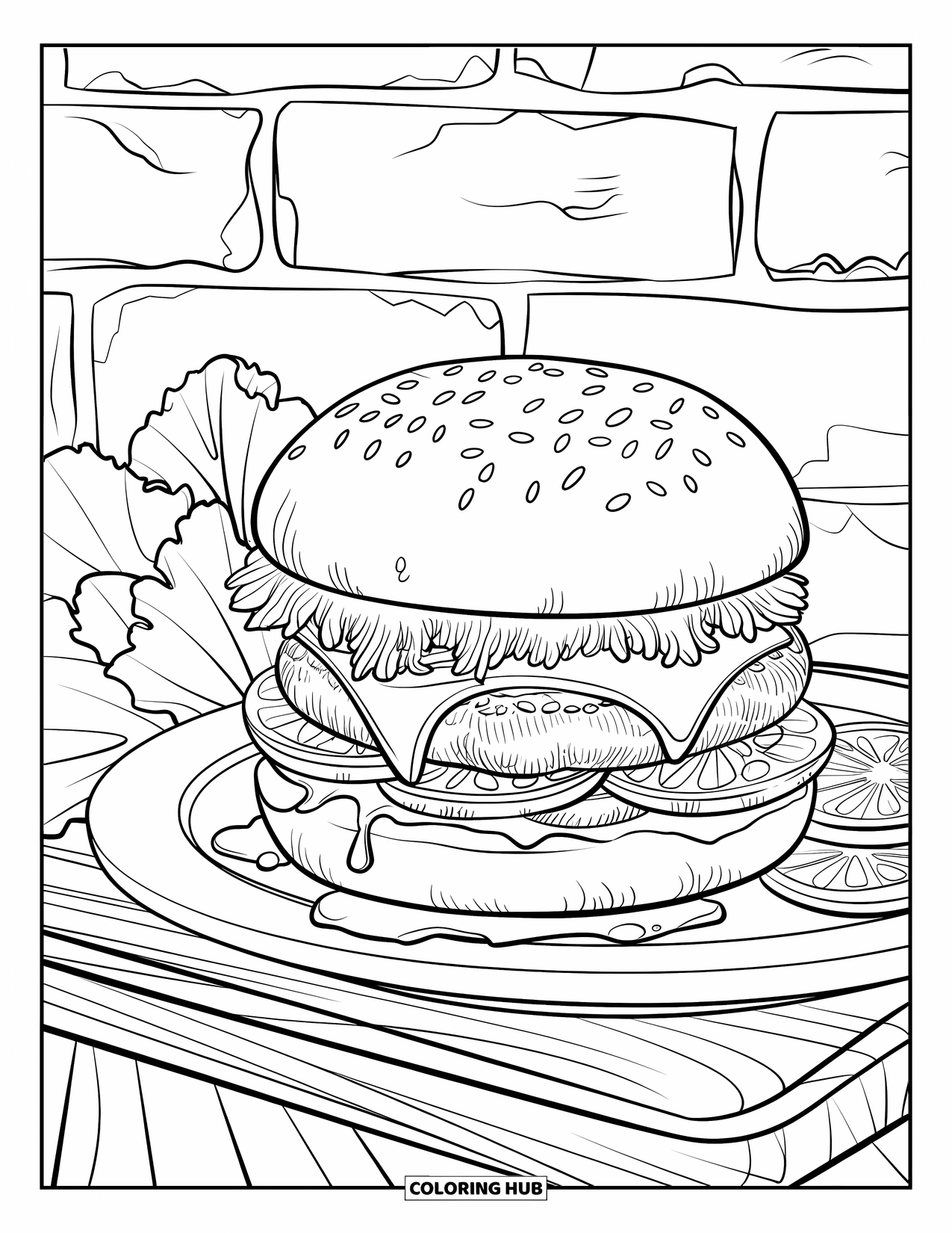 Desen de colorat cu cheeseburger pentru adulți: Un cheeseburger hiper-detaliat cu urme de grătar, picături de brânză și toppinguri proaspete pe o scândură de lemn