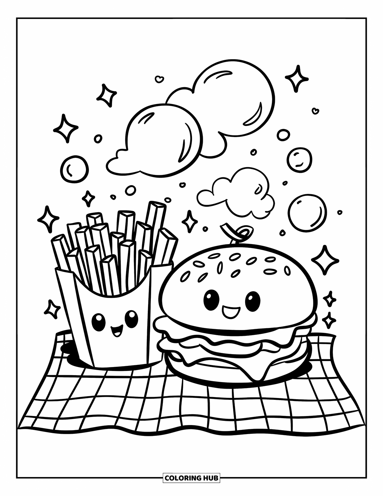 Desen de colorat cu cheeseburger pentru adulți: Un cheeseburger și cartofi prăjiți kawaii care se bucură de un picnic de vis cu stele plutitoare și sclipici
