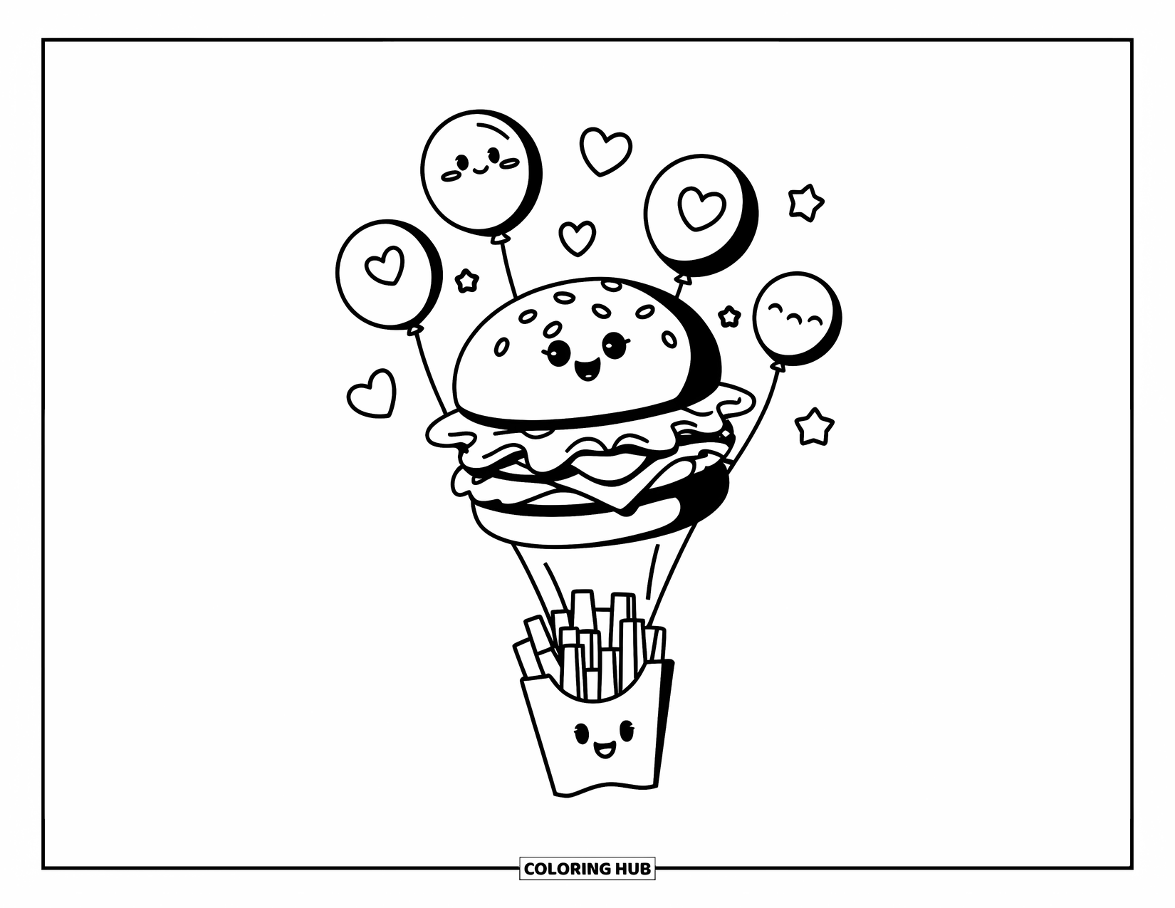 Desen de colorat cu cheeseburger pentru adulți: Un cheeseburger kawaii plutind cu baloane decorate cu inimi și fețe mici de burger