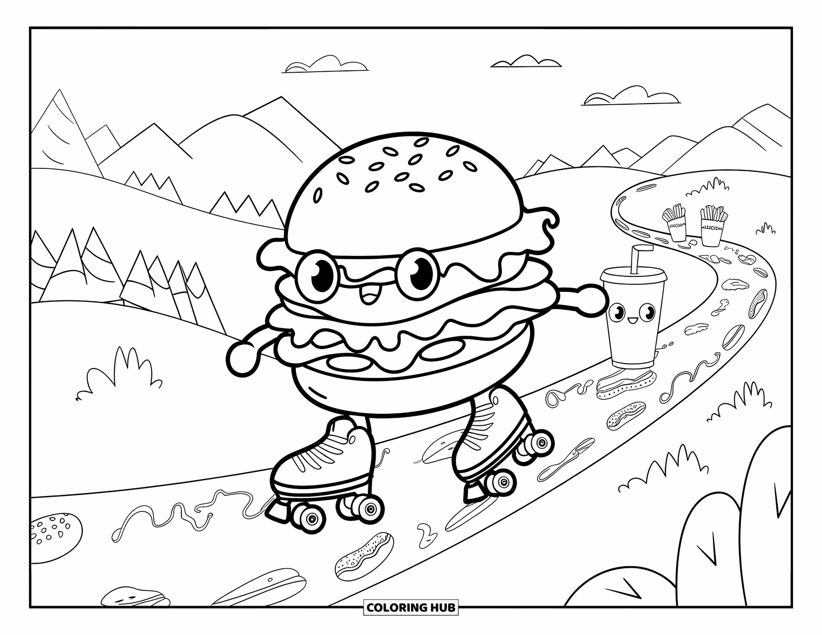 Desen de colorat cu cheeseburger pentru adulți: Un cheeseburger pe role care aleargă alături de mini cartofi prăjiți și o băutură răcoritoare într-un decor pitoresc
