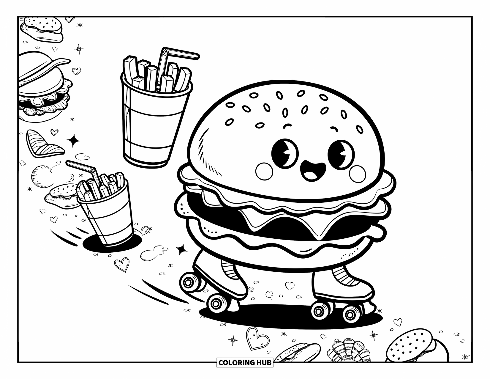Desen de colorat cu cheeseburger pentru adulți: Un cheeseburger pe patine cu cartofi prăjiți și o băutură răcoritoare care lasă o urmă de sclipici în formă de inimă