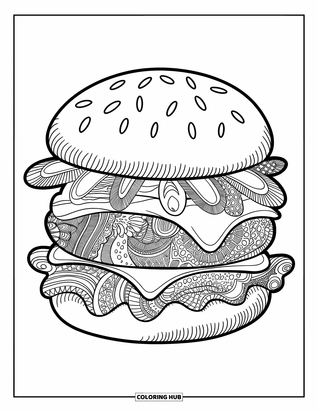 Desen de colorat cu cheeseburger pentru adulți: Un cheeseburger în stil zentangle, cu modele complicate pentru o experiență relaxantă și creativă