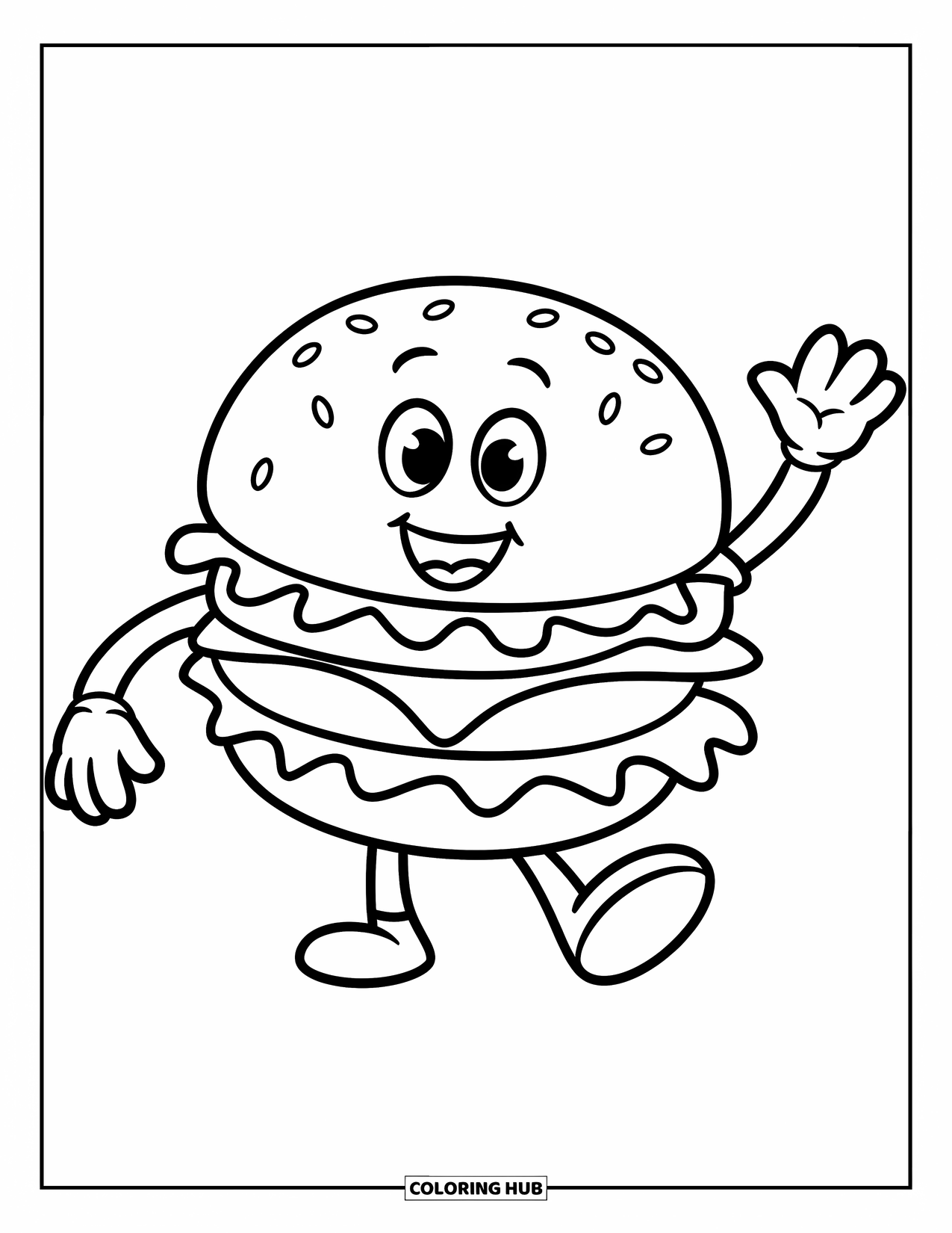 Desen de colorat cu cheeseburger pentru copii: Un cheeseburger vesel de desene animate cu brațe și picioare fluturând cu entuziasm