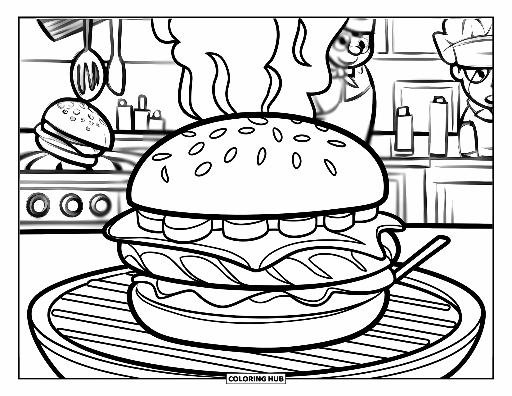 Desen de colorat cu cheeseburger pentru copii: Un cheeseburger fiind făcut la grătar cu fum ridicându-se, amplasat într-o bucătărie animată
