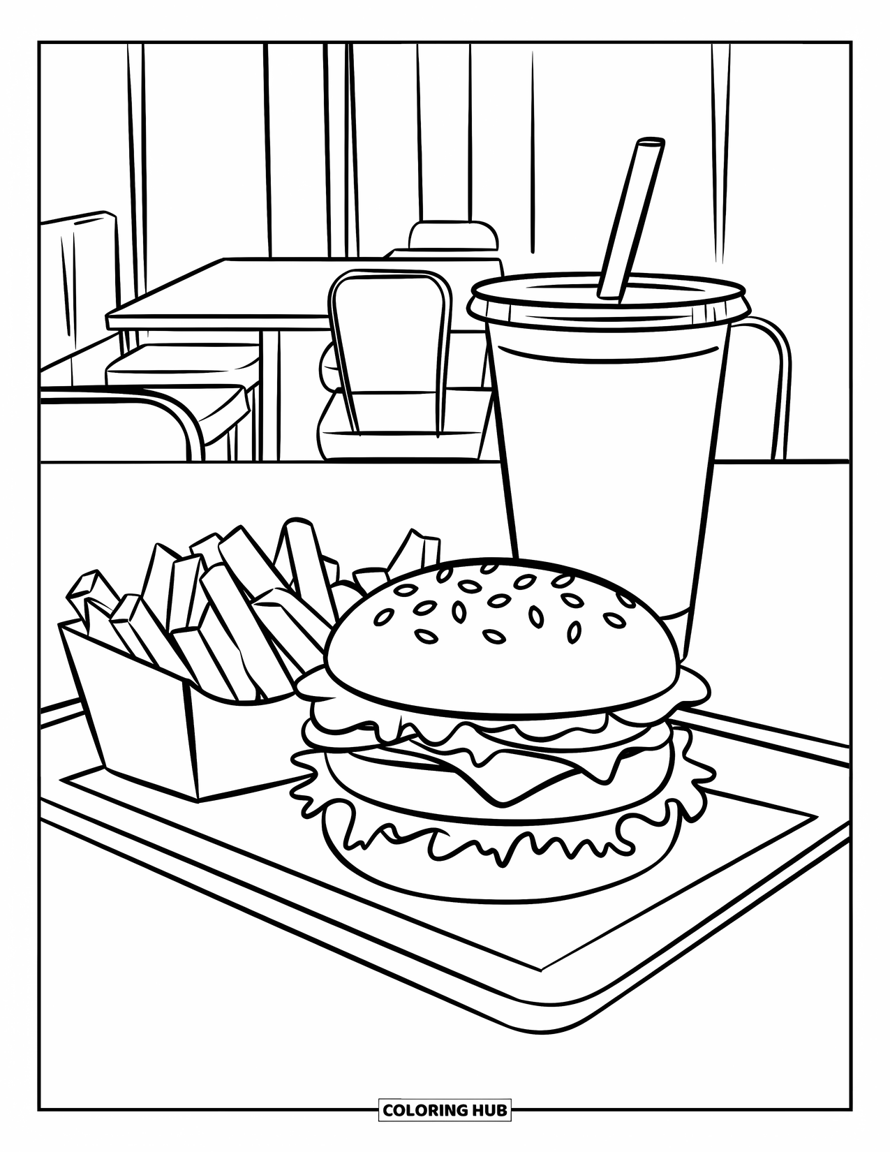 Desen de colorat cu cheeseburger pentru copii: Un cheeseburger, cartofi prăjiți și o băutură pe o tavă într-un decor clasic de restaurant