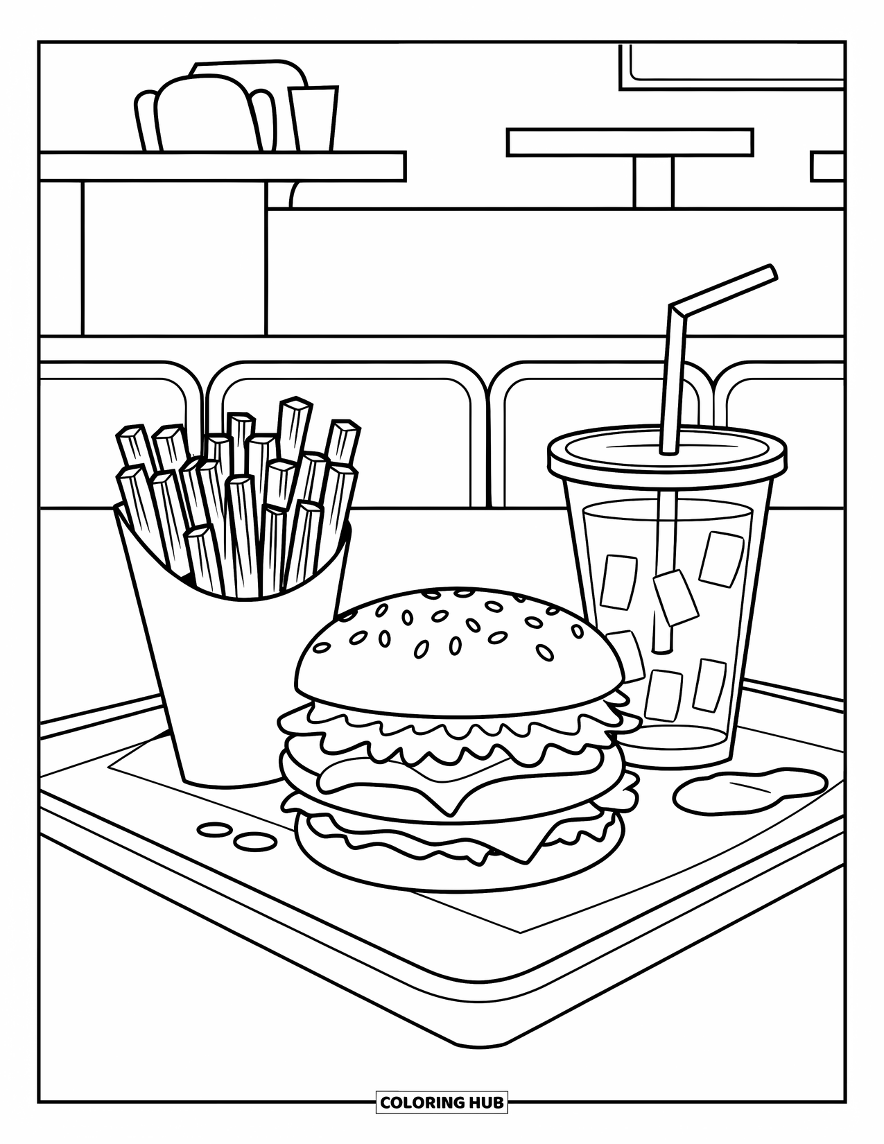 Desen de colorat cu cheeseburger pentru copii: Un cheeseburger, cartofi prăjiți și o băutură pe o tavă cu un tejghea și scaune într-un restaurant