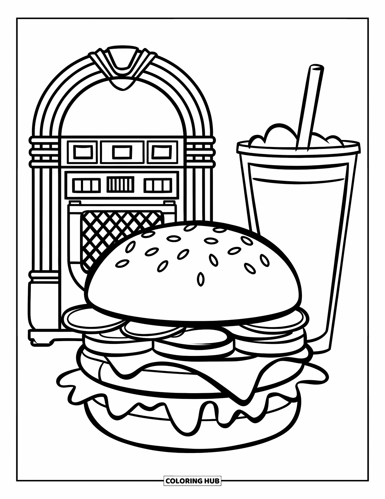 Desen de colorat cu cheeseburger pentru copii: Un cheeseburger într-un decor de restaurant din anii 1950, cu un jukebox și o băutură răcoritoare alături