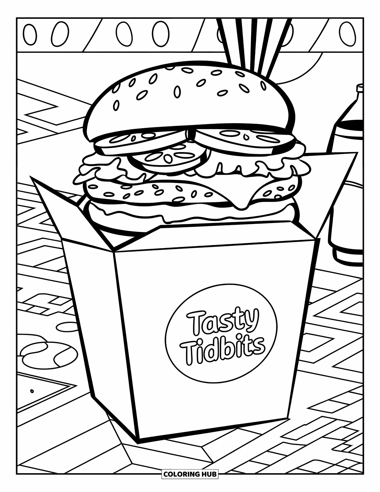 Desen de colorat cu cheeseburger pentru copii: Un cheeseburger într-o cutie de takeout etichetată "Tasty Tidbits", cu cartofi prăjiți și o băutură răcoritoare în apropiere