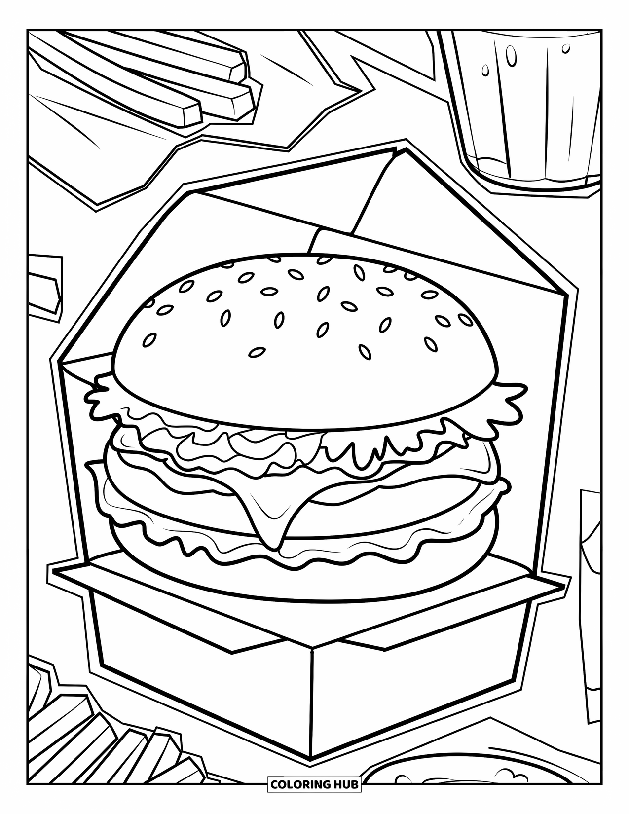 Desen de colorat cu cheeseburger pentru copii: Un cheeseburger într-o cutie de takeout cu un fundal cu model cu cartofi prăjiți și o băutură răcoritoare