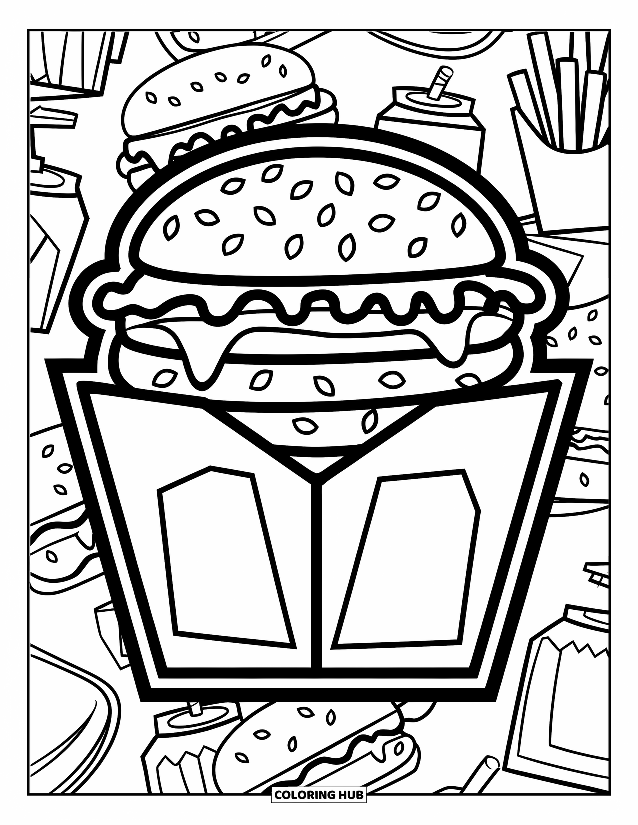 Desen de colorat cu cheeseburger pentru copii: Un cheeseburger într-o cutie de takeout cu decorațiuni cu tematică alimentară în fundal