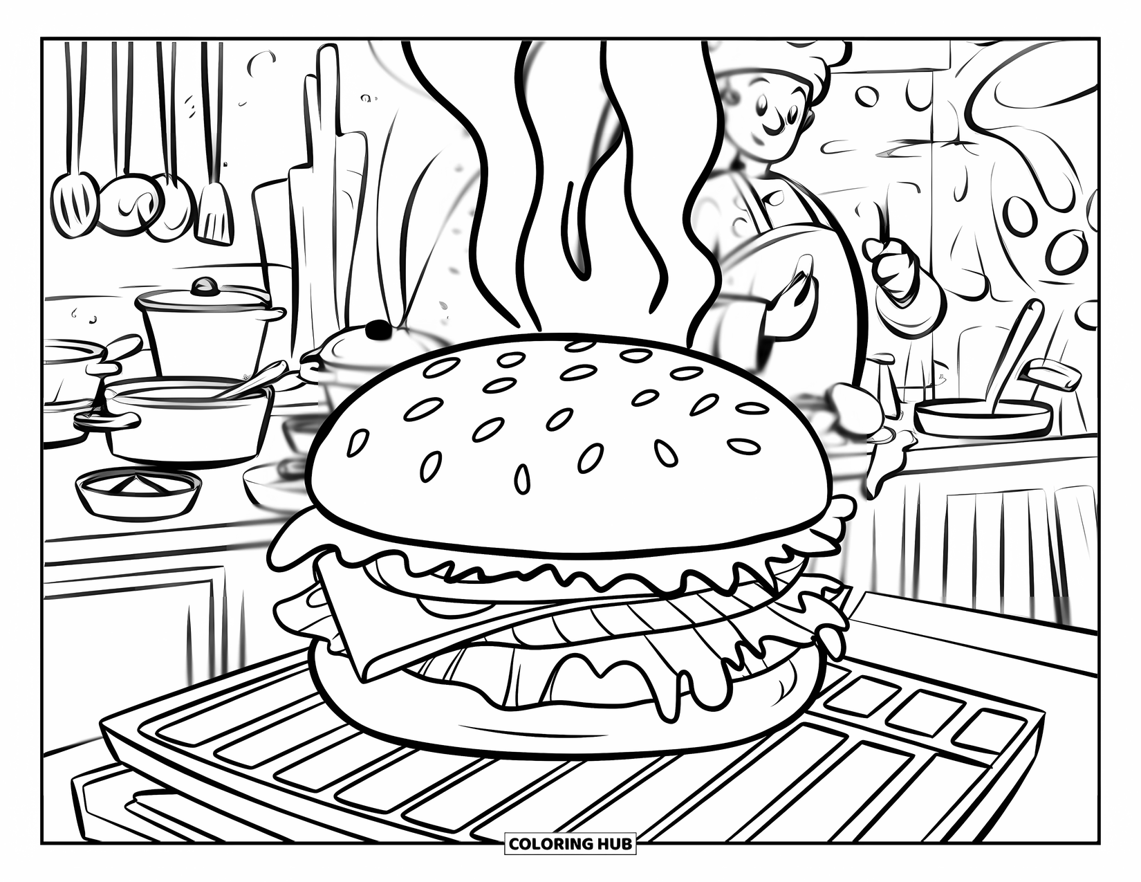 Desen de colorat cu cheeseburger pentru copii: Un cheeseburger pe un grătar cu fum ridicându-se și o scenă de bucătărie în fundal