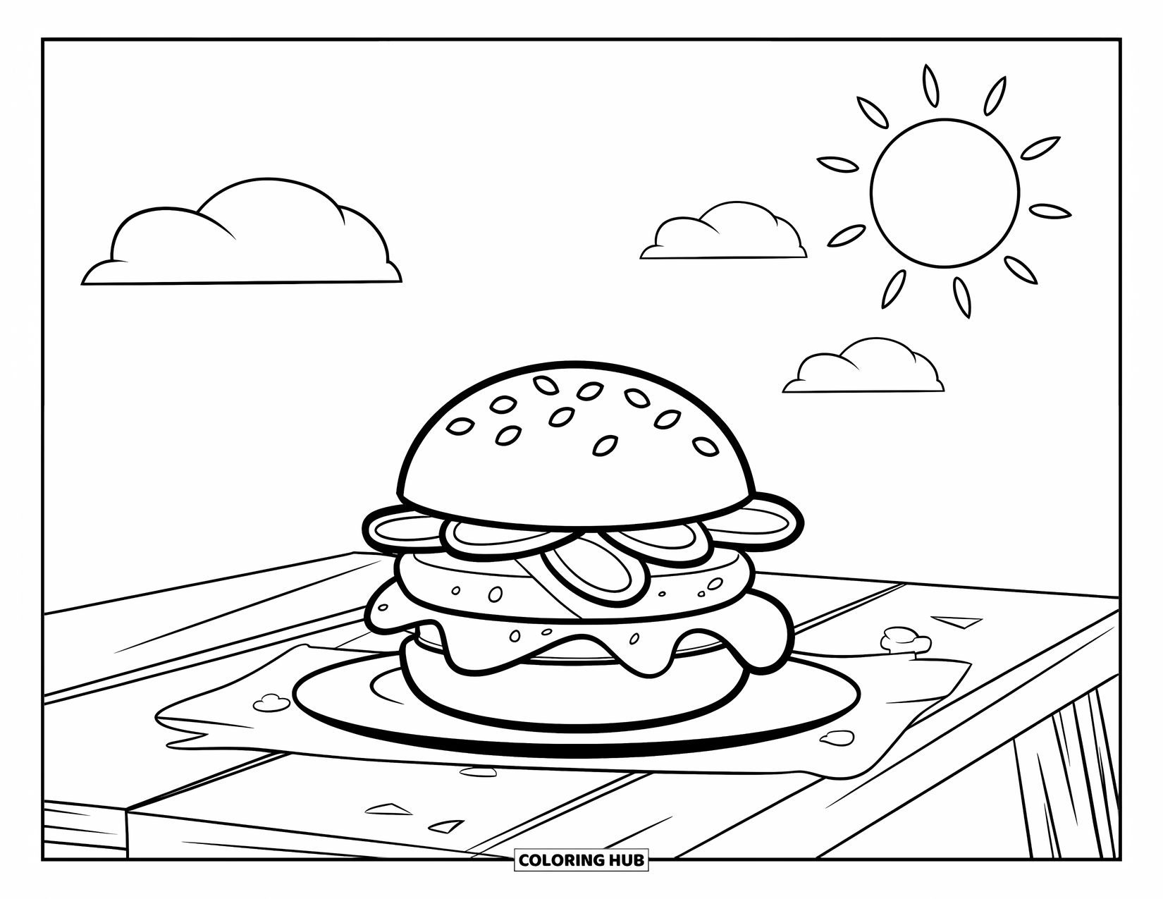 Desen de colorat cu cheeseburger pentru copii: Un cheeseburger pe o masă de picnic cu un cer luminos, nori pufoși și câteva firimituri în apropiere