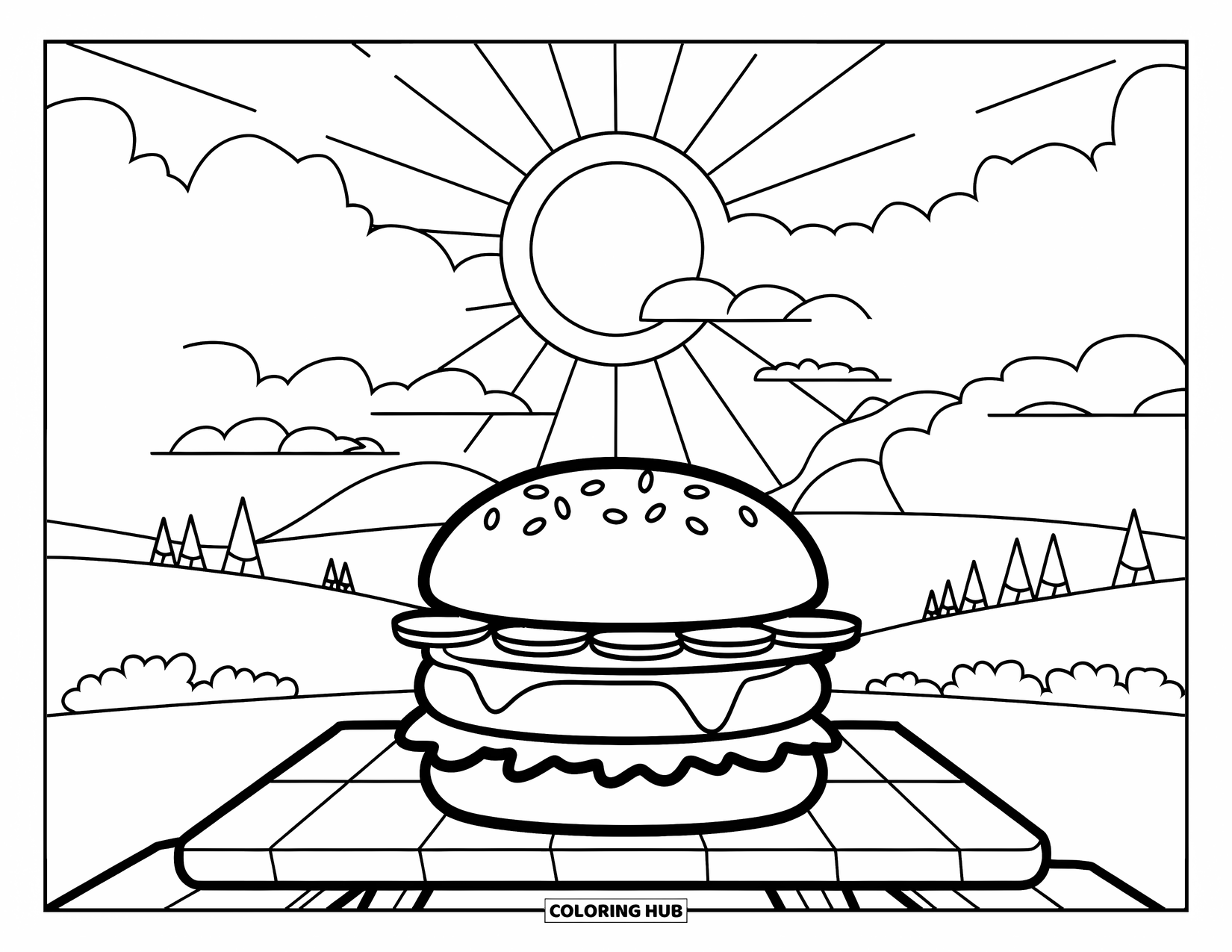 Desen de colorat cu cheeseburger pentru copii: Un cheeseburger pe o masă de picnic cu un cer însorit și nori pufoși în fundal