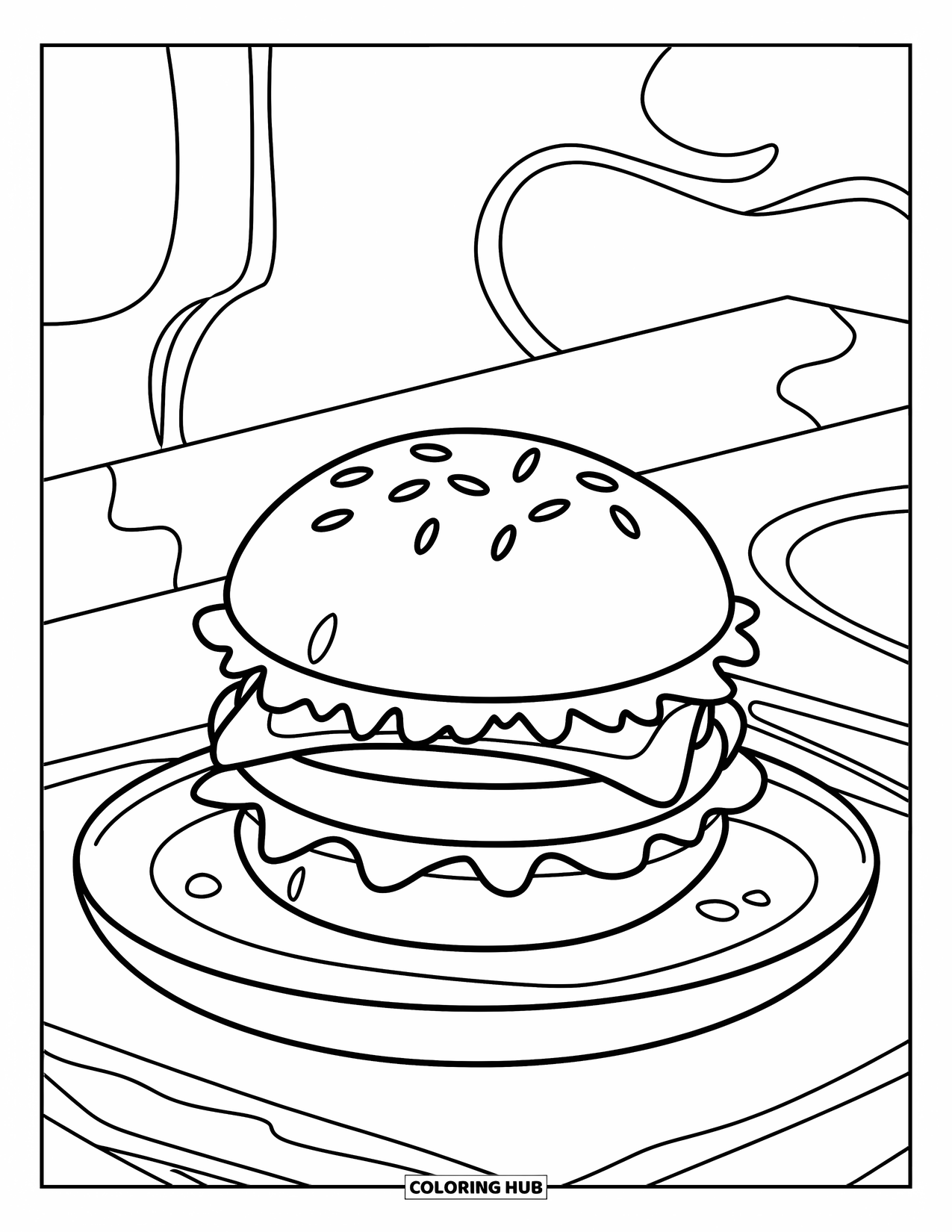 Desen de colorat cu cheeseburger pentru copii: Un cheeseburger pe o farfurie cu câteva firimituri și un fundal minimal