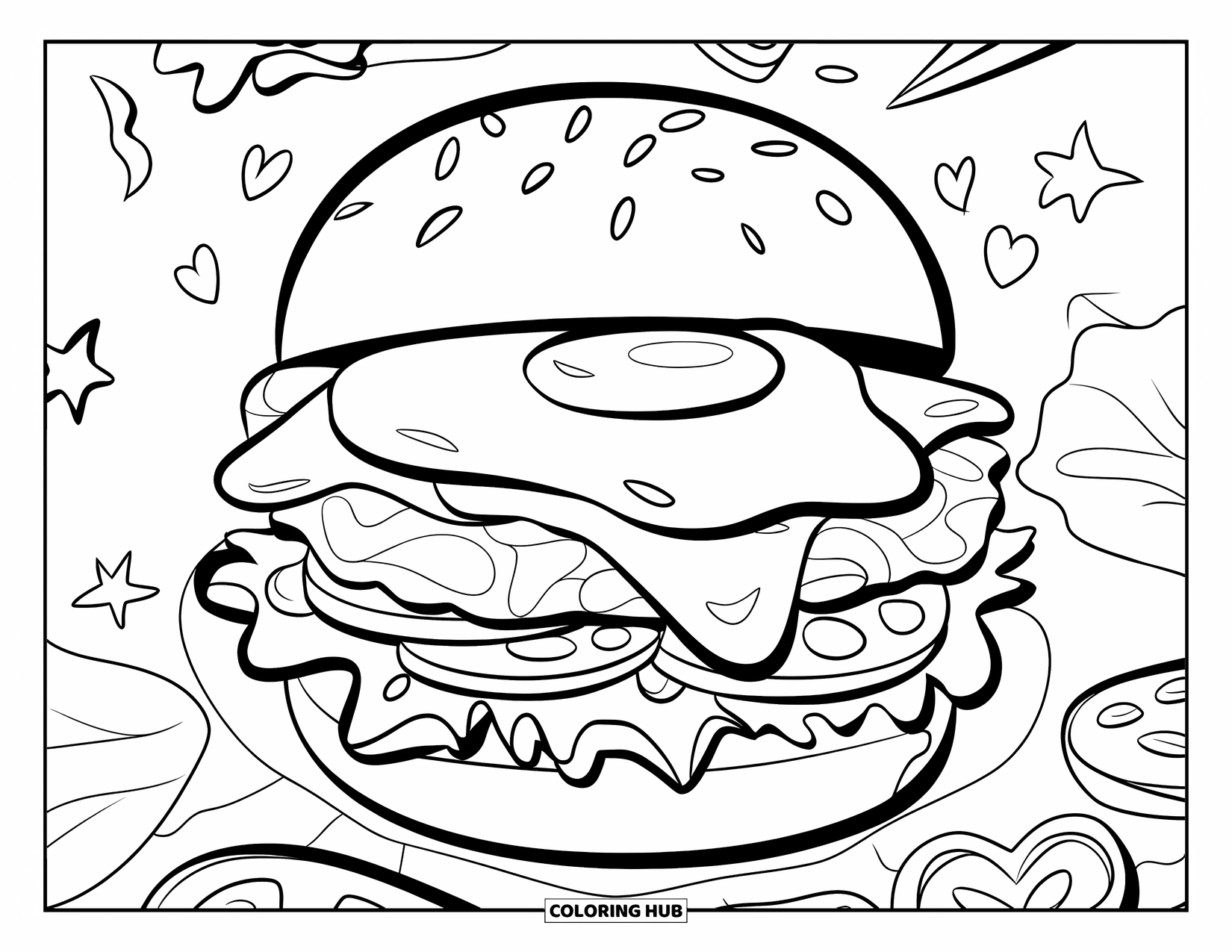 Desen de colorat cu cheeseburger pentru copii: Un cheeseburger acoperit cu un ou ochi, înconjurat de doodle-uri amuzante