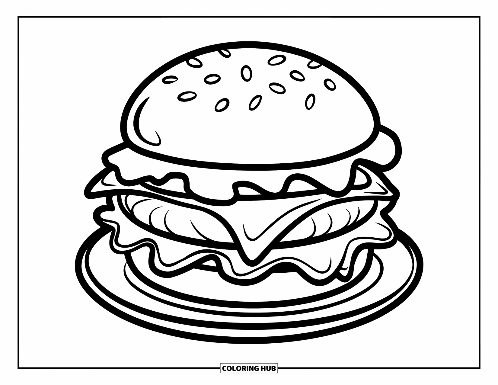 Desen de colorat cu cheeseburger pentru copii: Un cheeseburger cu o chiflă, brânză, salată și chiftea așezate pe o farfurie