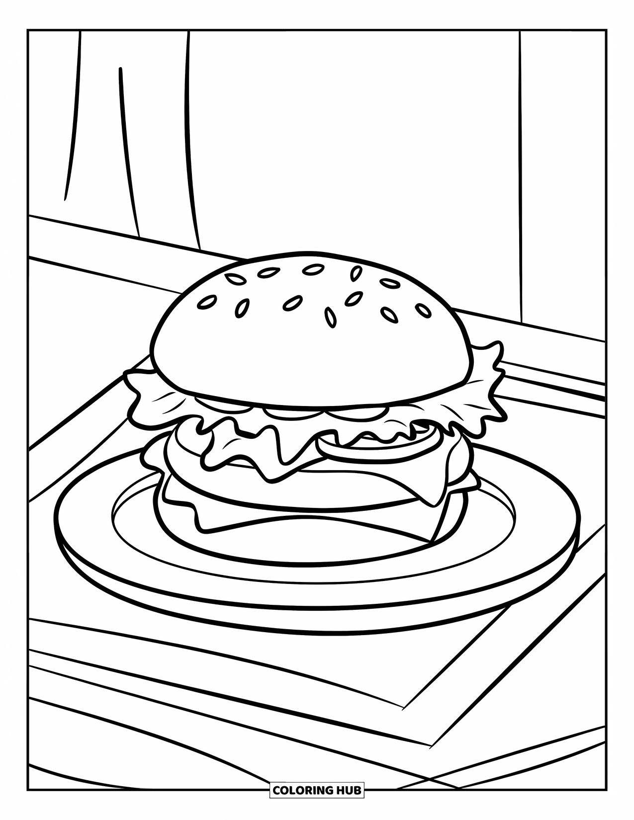 Desen de colorat cu cheeseburger pentru copii: Un cheeseburger cu o chiflă, chiftea, brânză și toppinguri pe o farfurie simplă