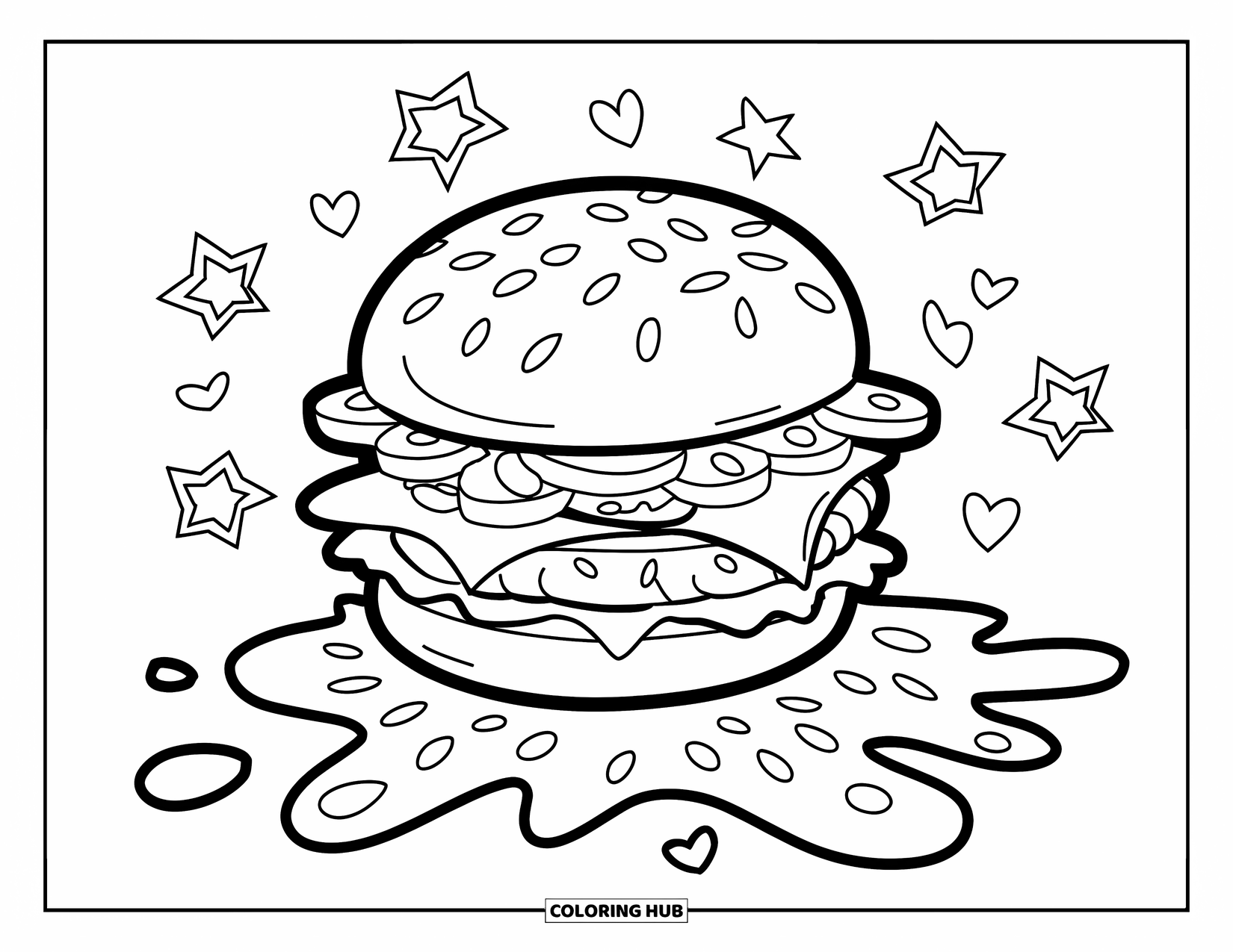 Desen de colorat cu cheeseburger pentru copii: Un cheeseburger cu un aspect dezordonat, înconjurat de stele și inimi
