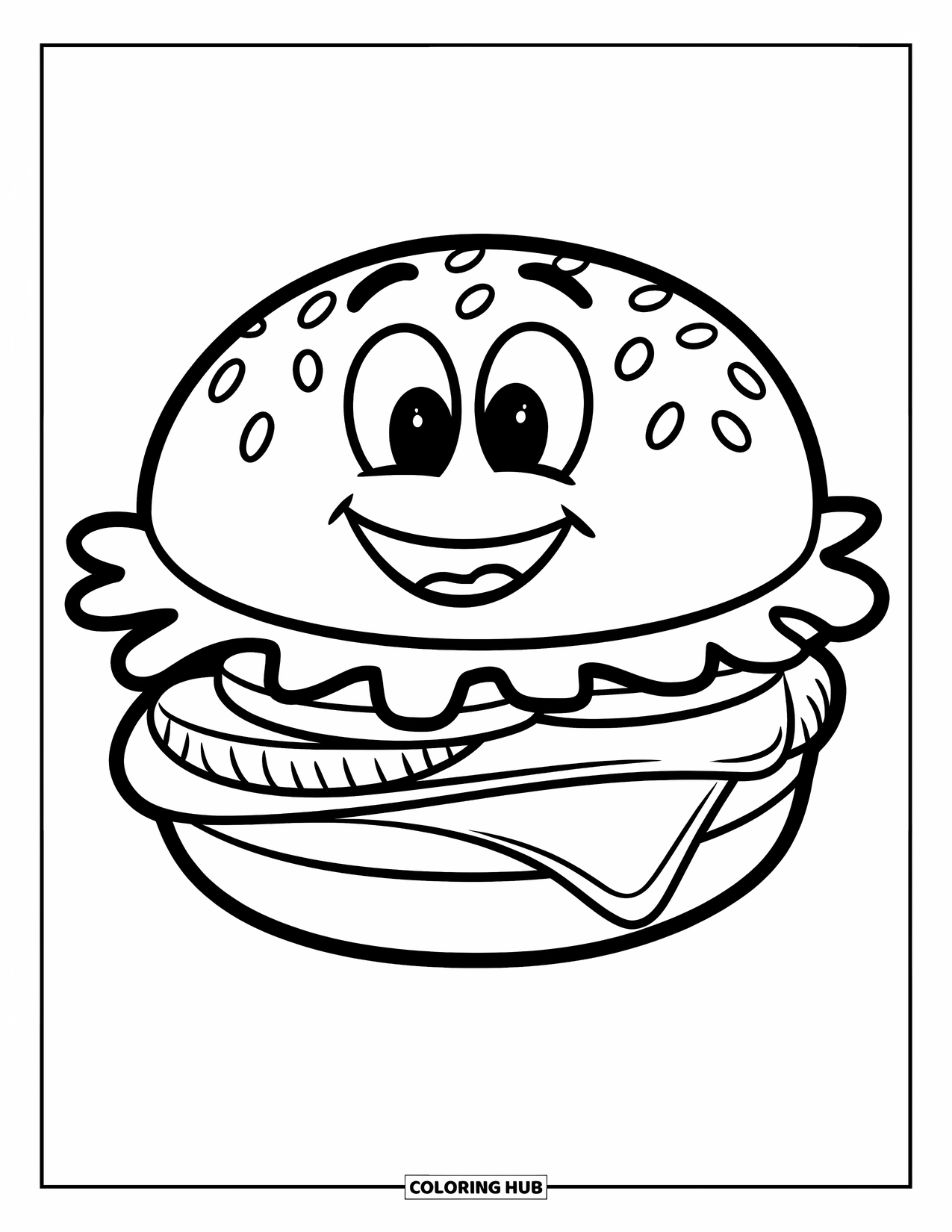 Desen de colorat cu cheeseburger pentru copii: Un cheeseburger cu o chiflă zâmbitoare, salată, brânză și roșii
