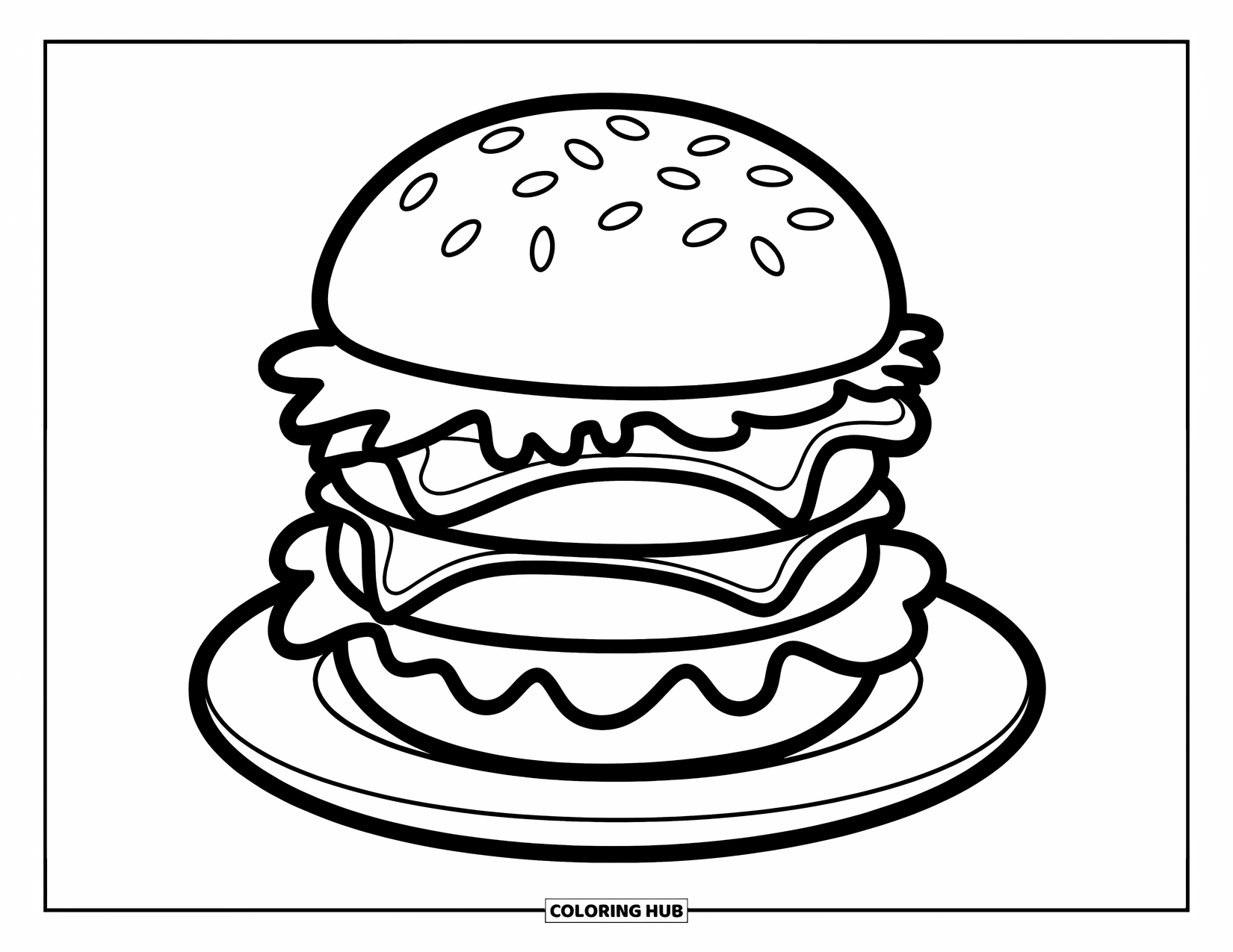 Desen de colorat cu cheeseburger pentru copii: Un cheeseburger cu brânză, salată și o chiftea așezate pe o farfurie