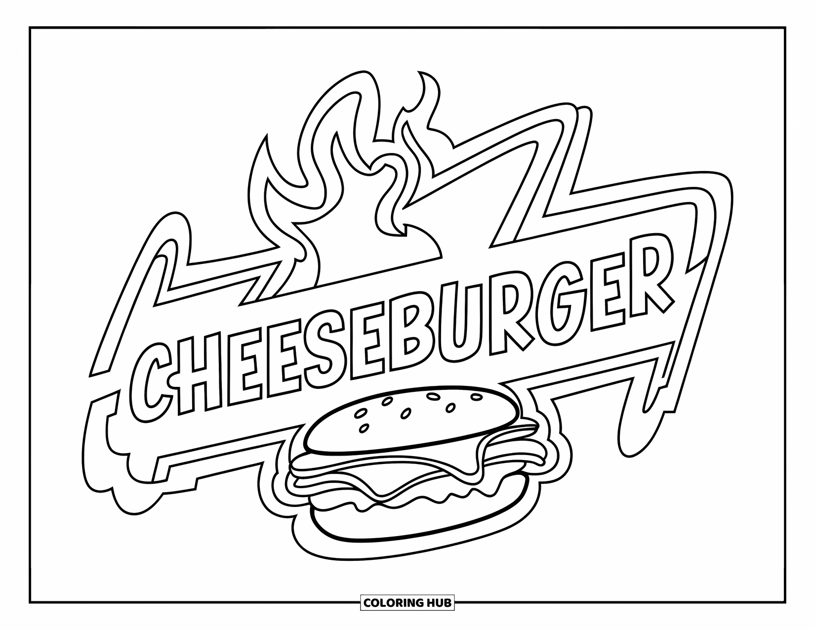 Desen de colorat cu cheeseburger pentru copii: Un cheeseburger cu flăcări și un text îndrăzneț "Cheeseburger" într-un design în stilul unui semn