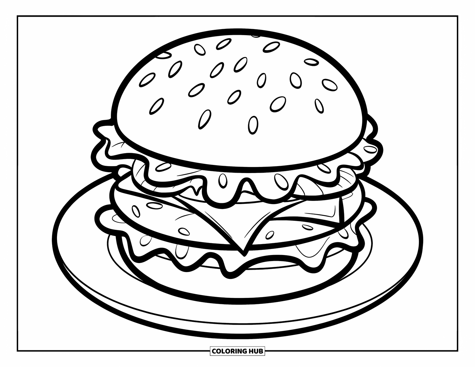 Desen de colorat cu cheeseburger pentru copii: Un cheeseburger cu patru straturi așezat pe o farfurie cu un fundal curat