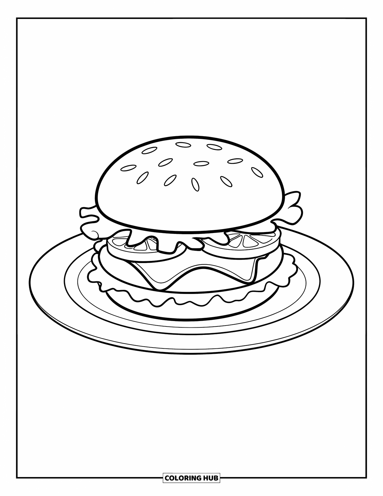 Desen de colorat cu cheeseburger pentru copii: Un cheeseburger cu salată, roșii și brânză așezat pe o farfurie simplă