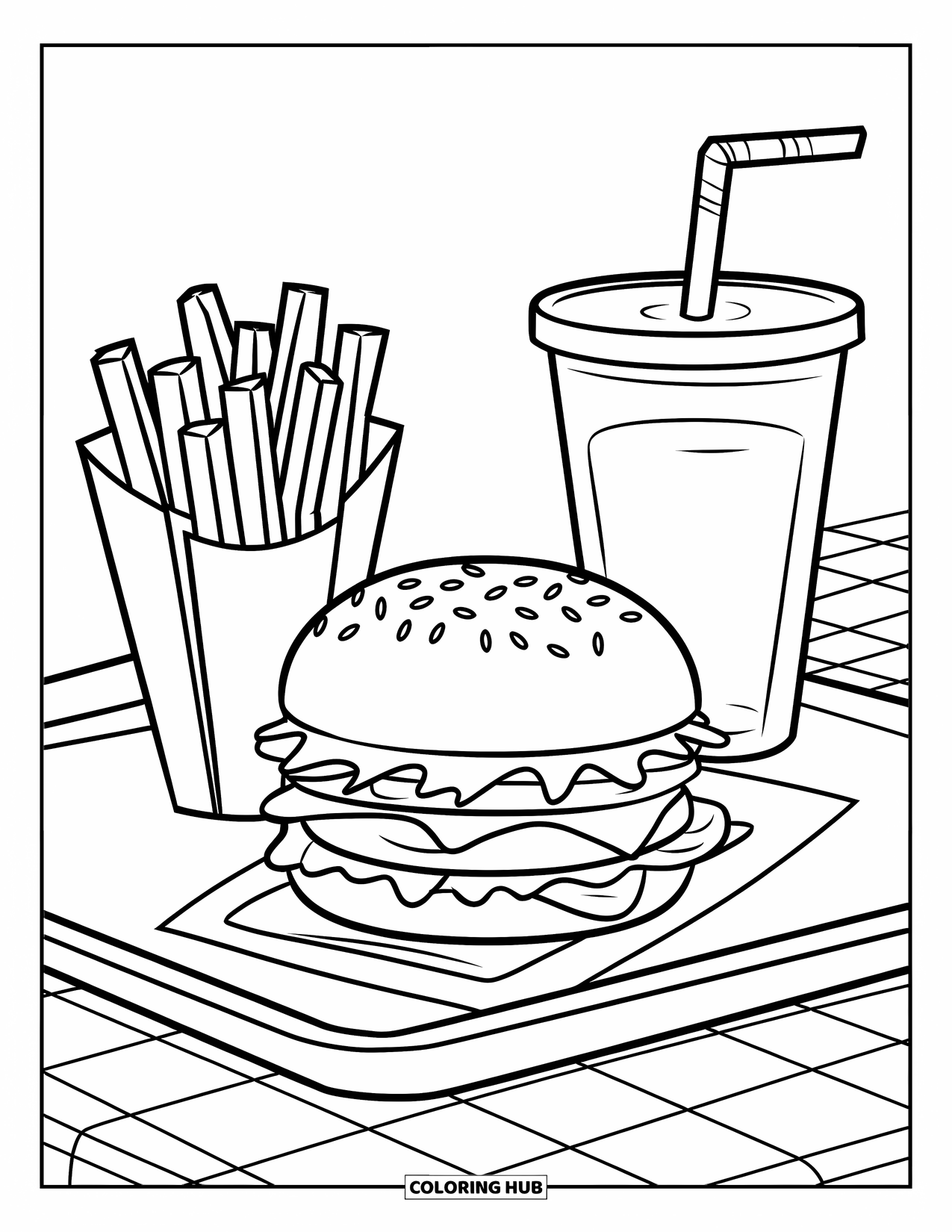 Desen de colorat cu cheeseburger pentru copii: Un cheeseburger cu semințe de susan, cartofi prăjiți într-un con și o băutură cu un pai pe o tavă